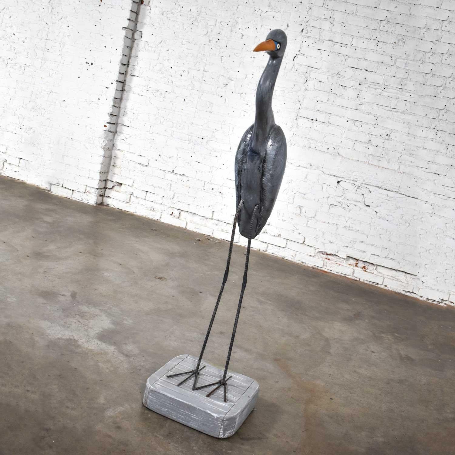 Life-Sized Blue Heron Wood Carved Figure on Stand Signed 2