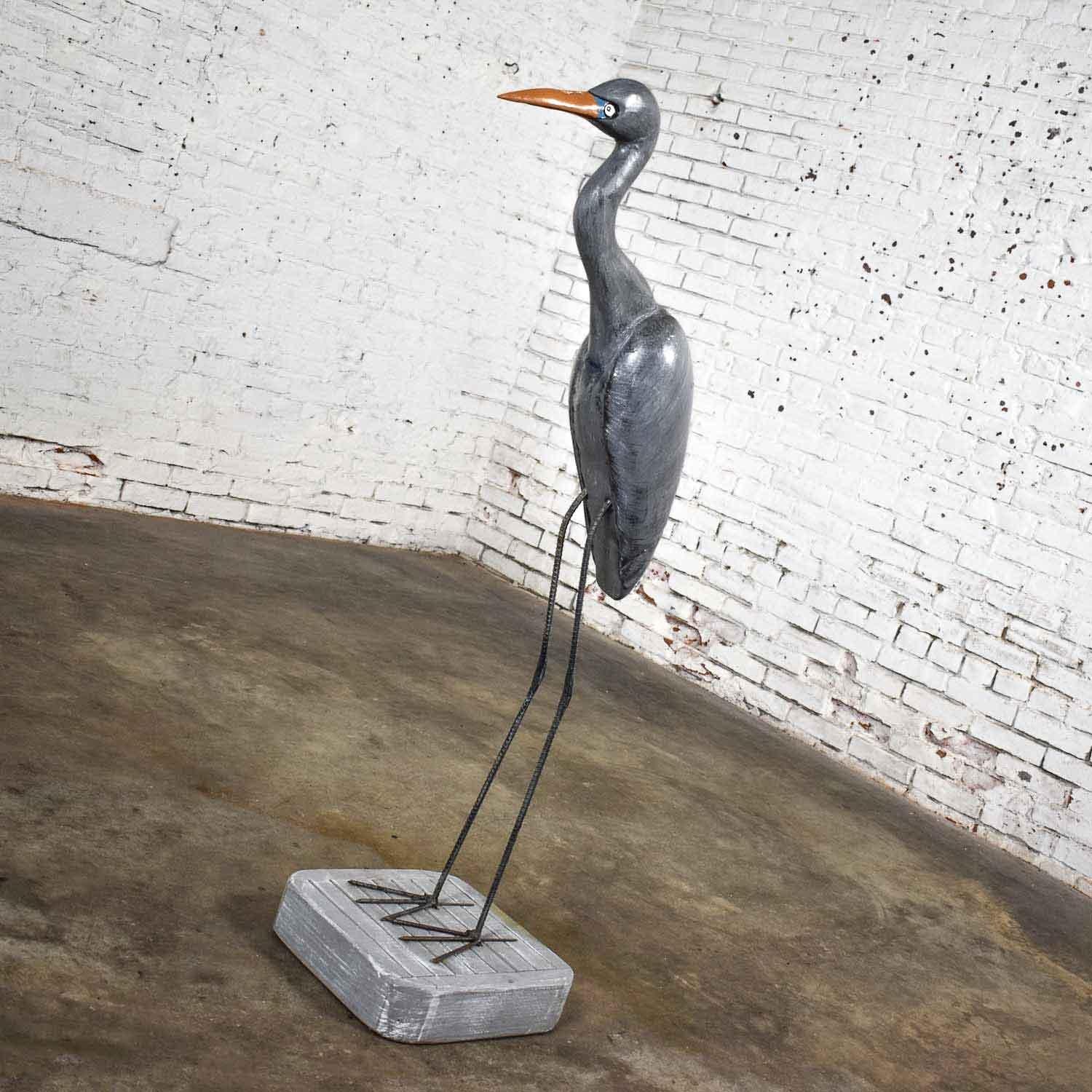 Life-Sized Blue Heron Wood Carved Figure on Stand Signed 3