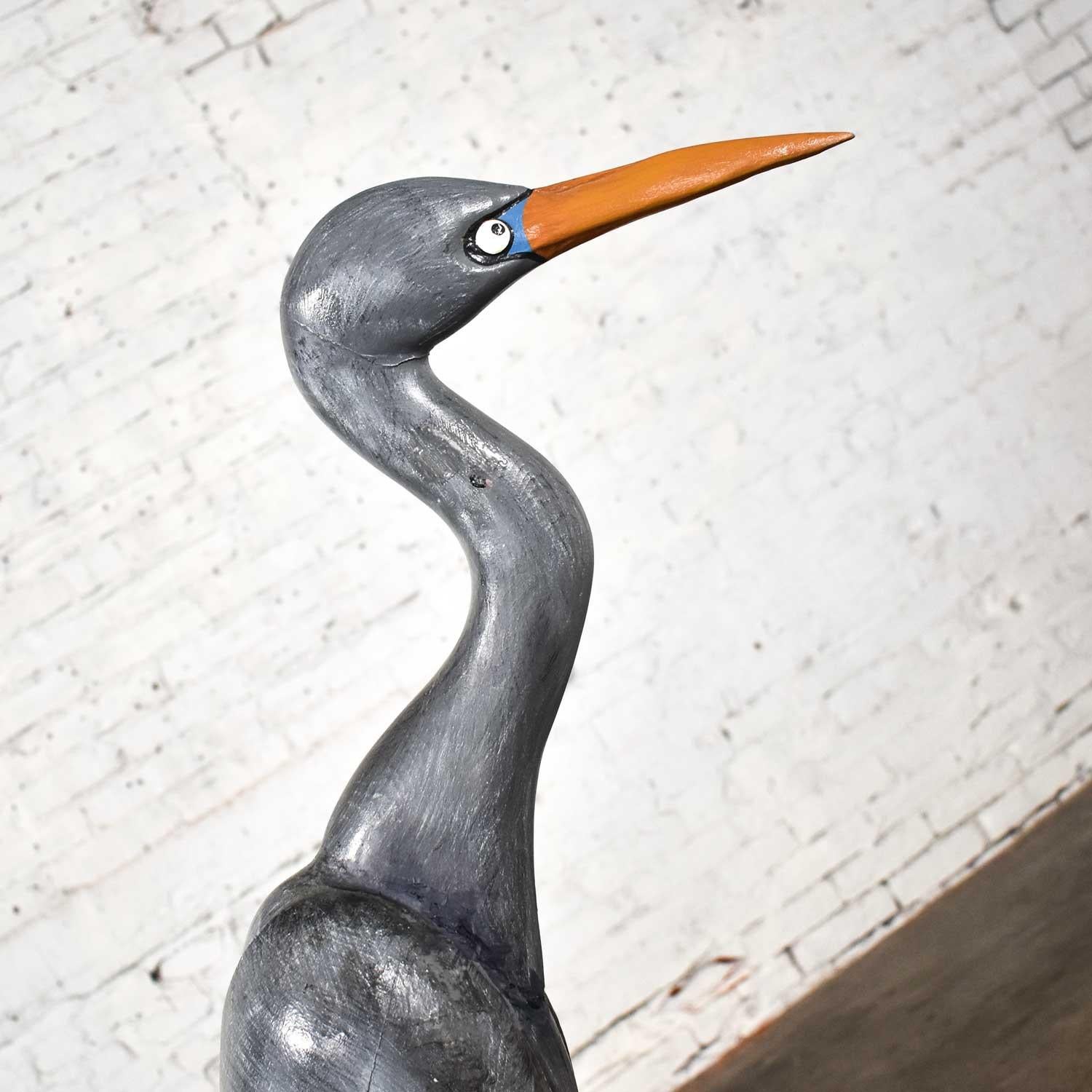 Life-Sized Blue Heron Wood Carved Figure on Stand Signed 6