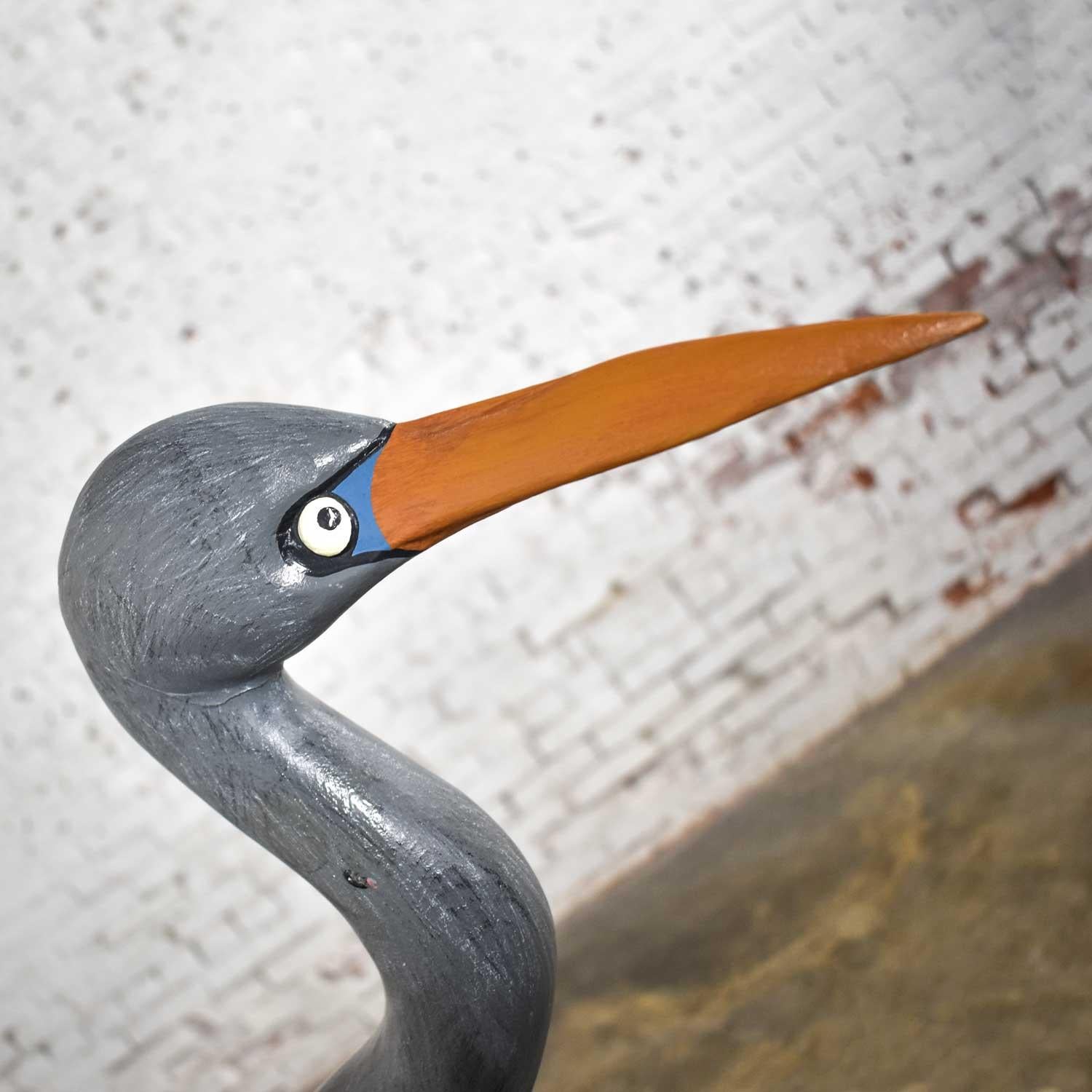 Life-Sized Blue Heron Wood Carved Figure on Stand Signed 7