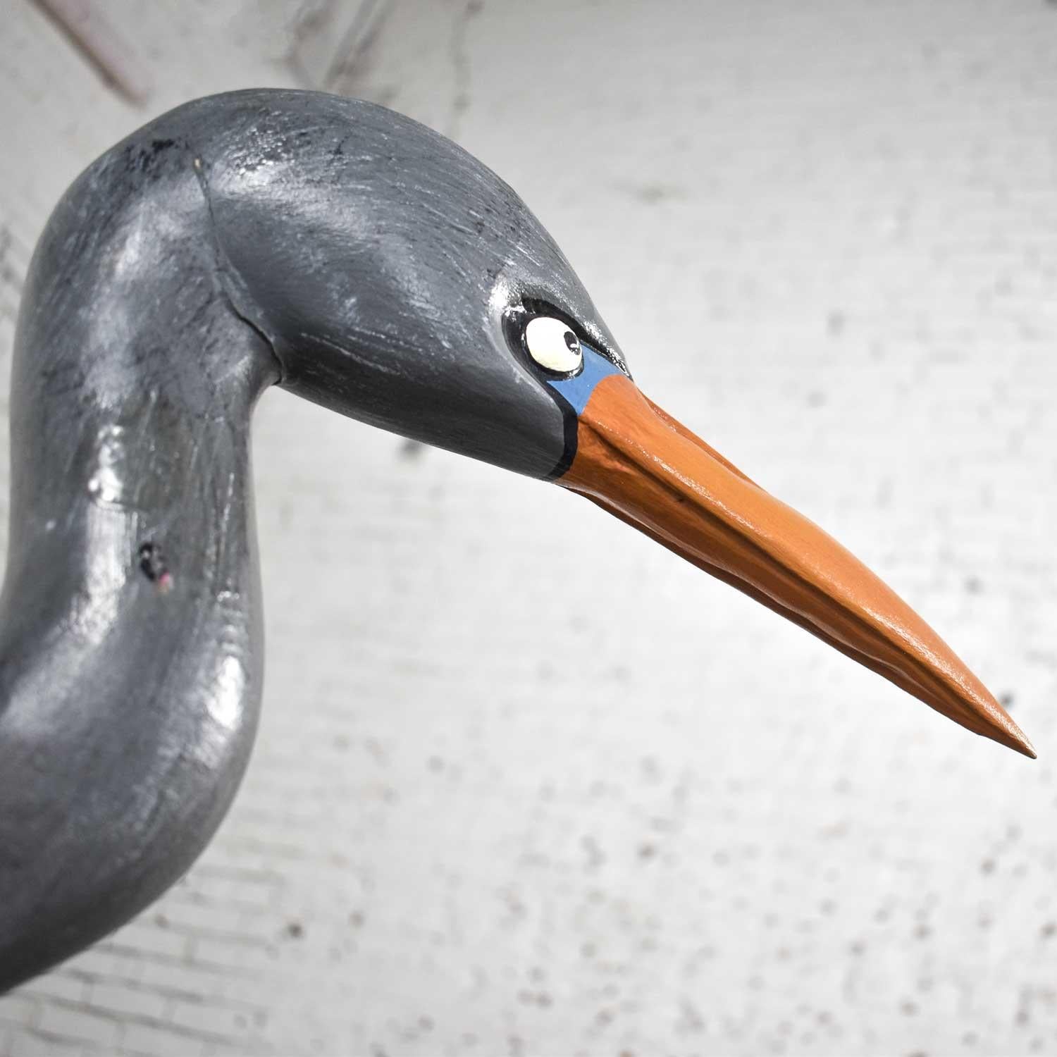 Life-Sized Blue Heron Wood Carved Figure on Stand Signed 8