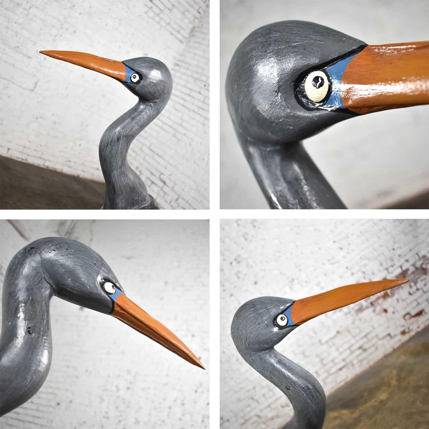 Life-Sized Blue Heron Wood Carved Figure on Stand Signed 11