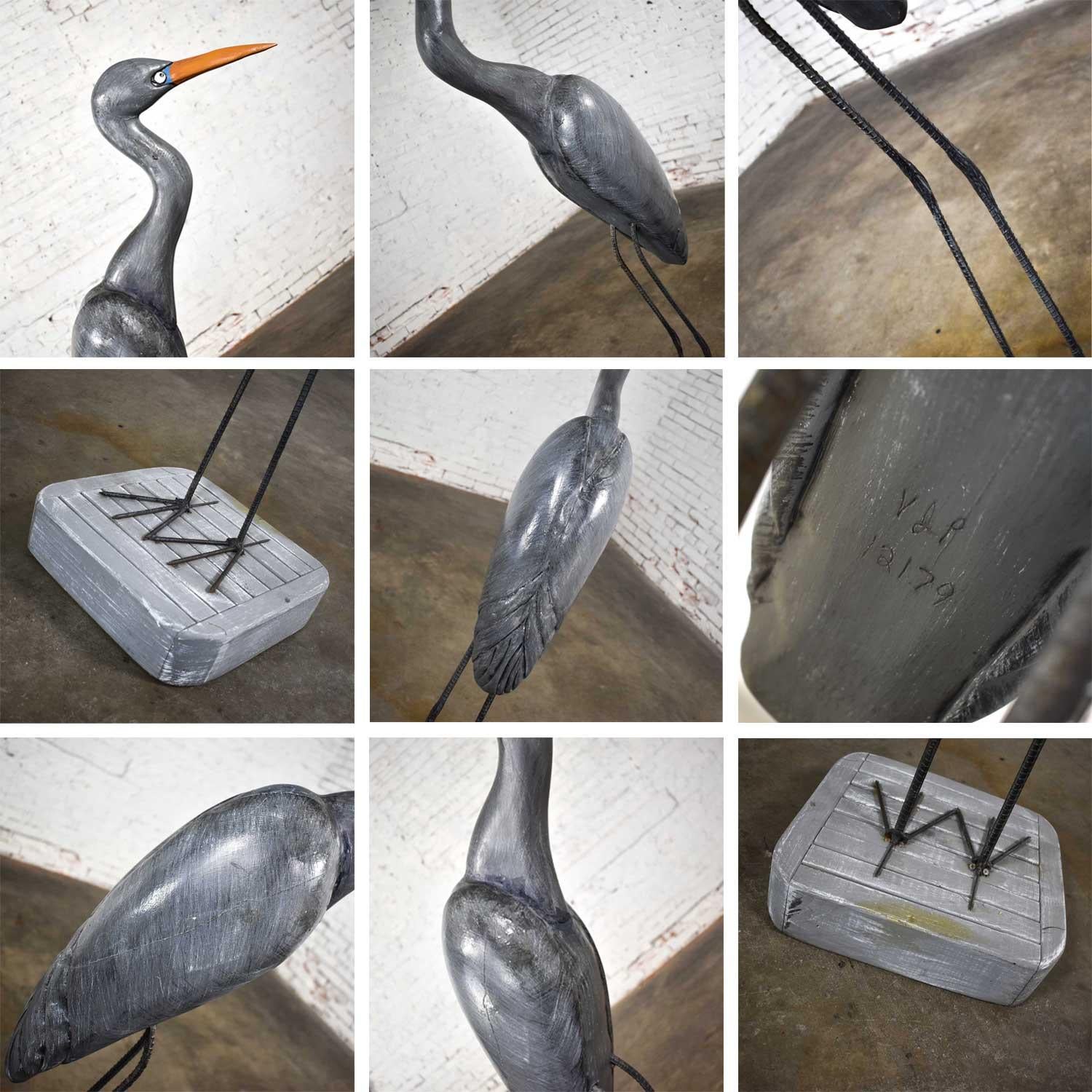 Life-Sized Blue Heron Wood Carved Figure on Stand Signed 12