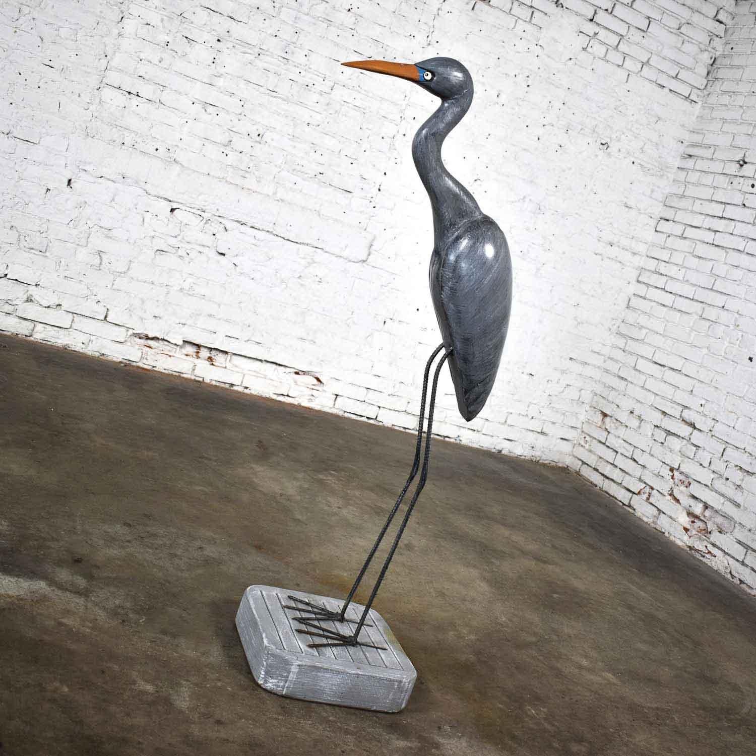Folk Art Life-Sized Blue Heron Wood Carved Figure on Stand Signed