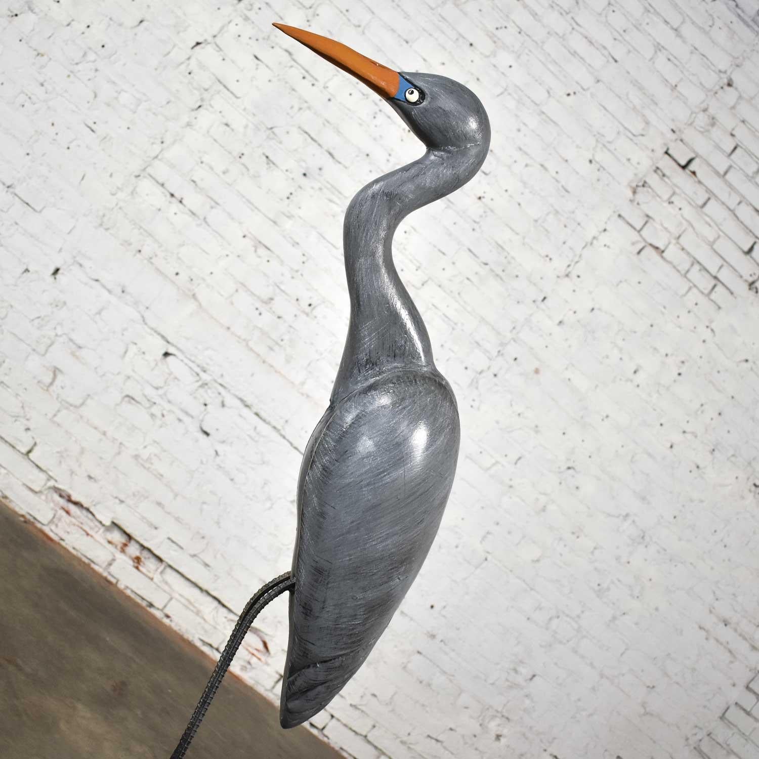 Life-Sized Blue Heron Wood Carved Figure on Stand Signed In Good Condition In Topeka, KS