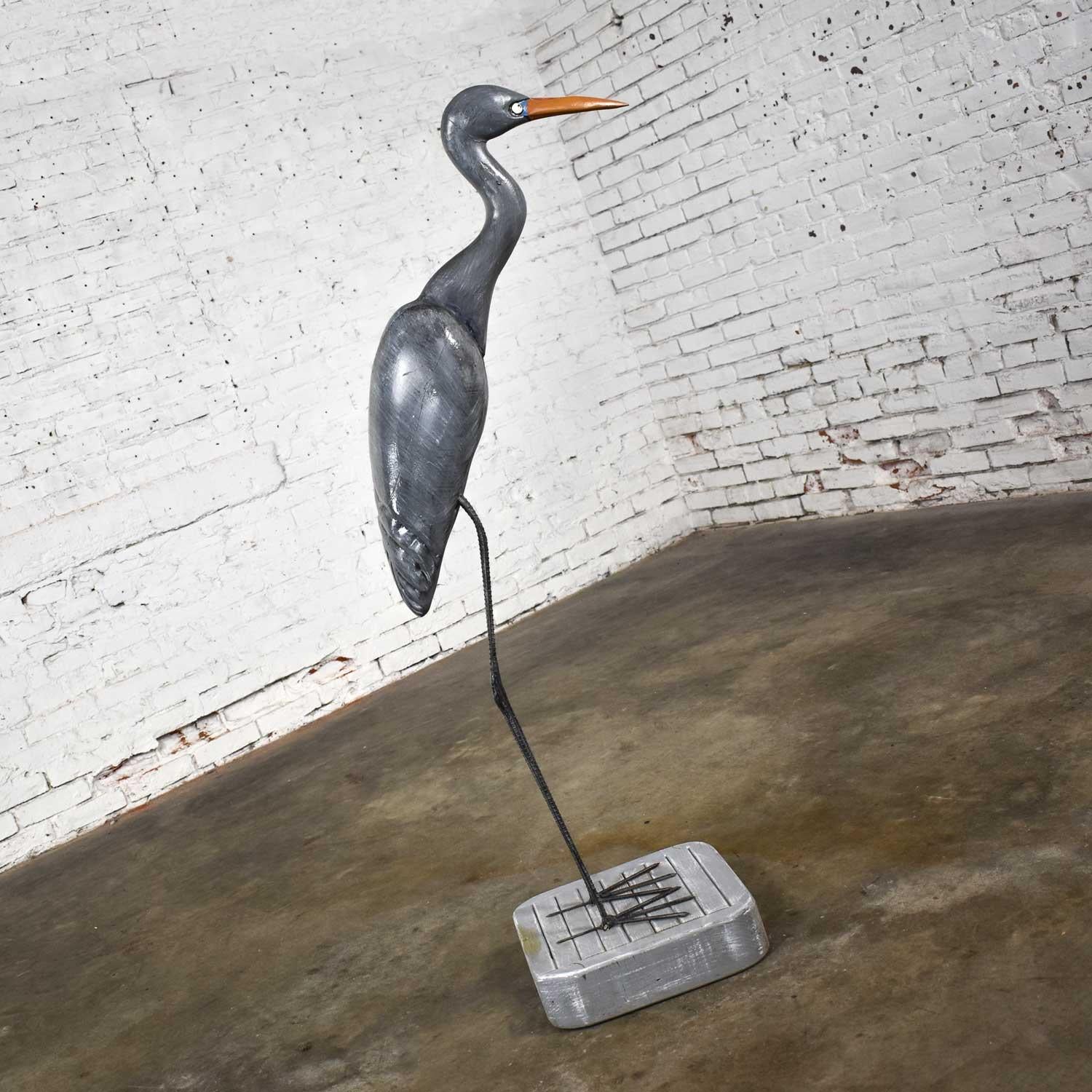 Steel Life-Sized Blue Heron Wood Carved Figure on Stand Signed