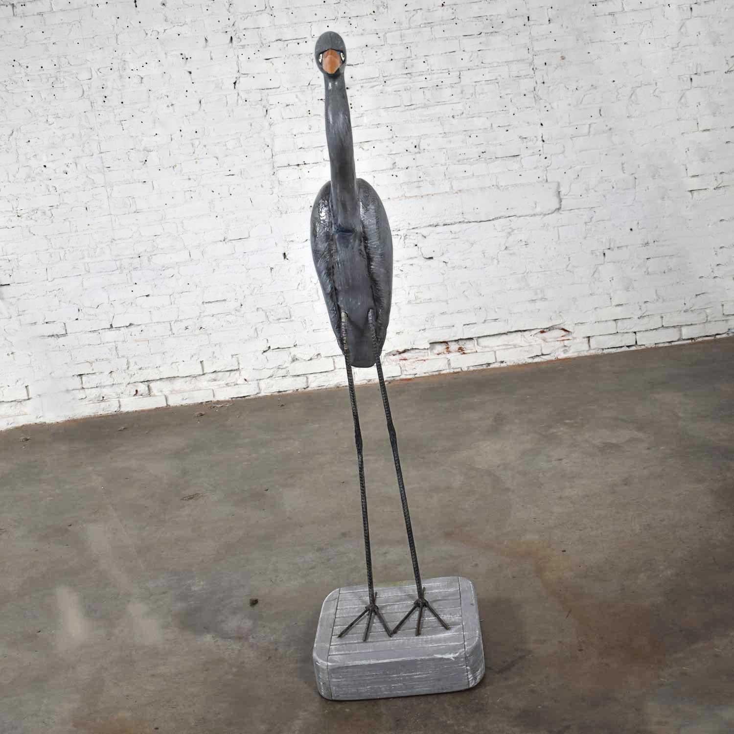 Life-Sized Blue Heron Wood Carved Figure on Stand Signed 1