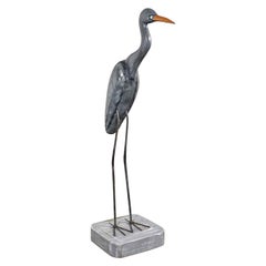 Life-Sized Blue Heron Wood Carved Figure on Stand Signed