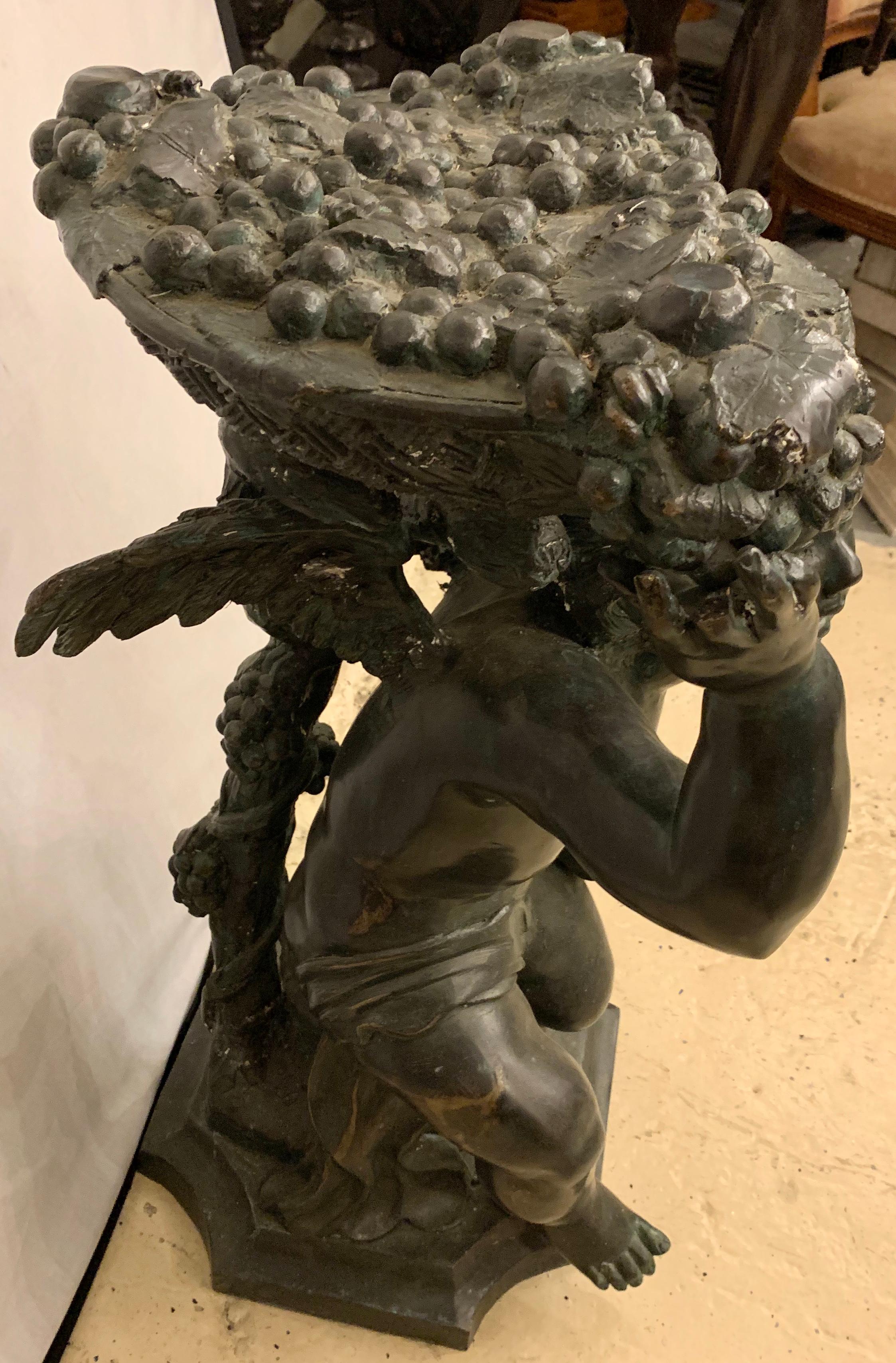 Life-Sized Bronze Cherub Kneeling Figure Holding Fruit Basket 3