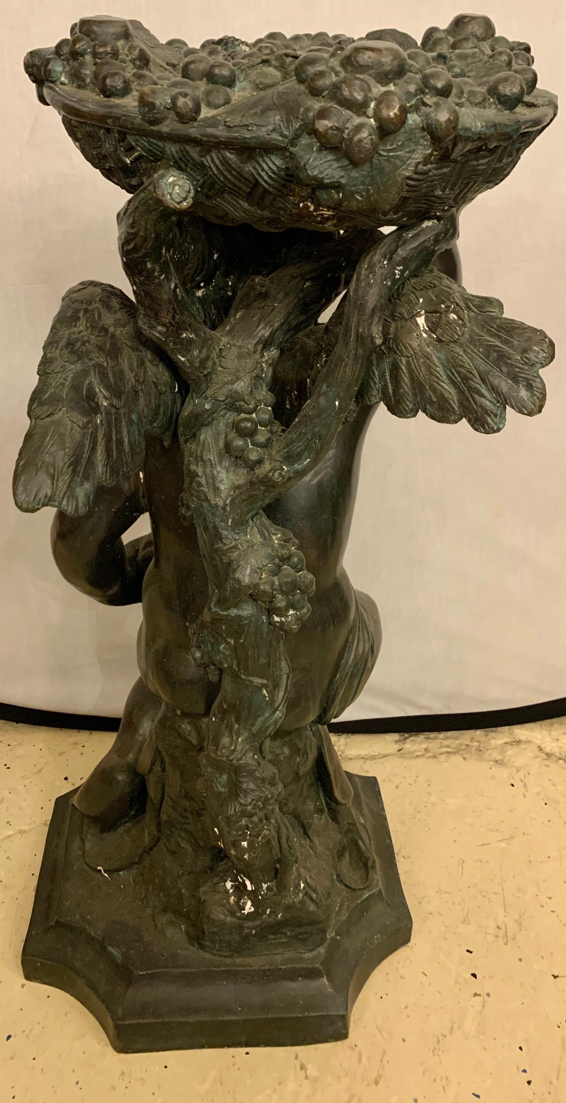 Life-Sized Bronze Cherub Kneeling Figure Holding Fruit Basket 4