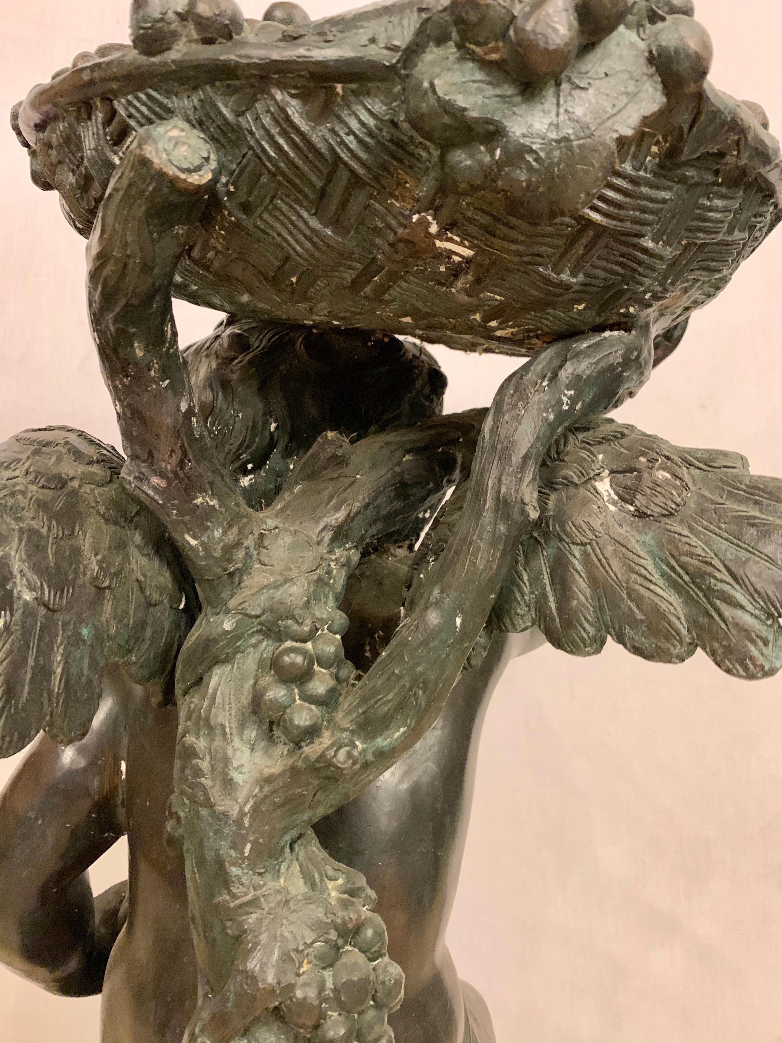 Life-Sized Bronze Cherub Kneeling Figure Holding Fruit Basket 7