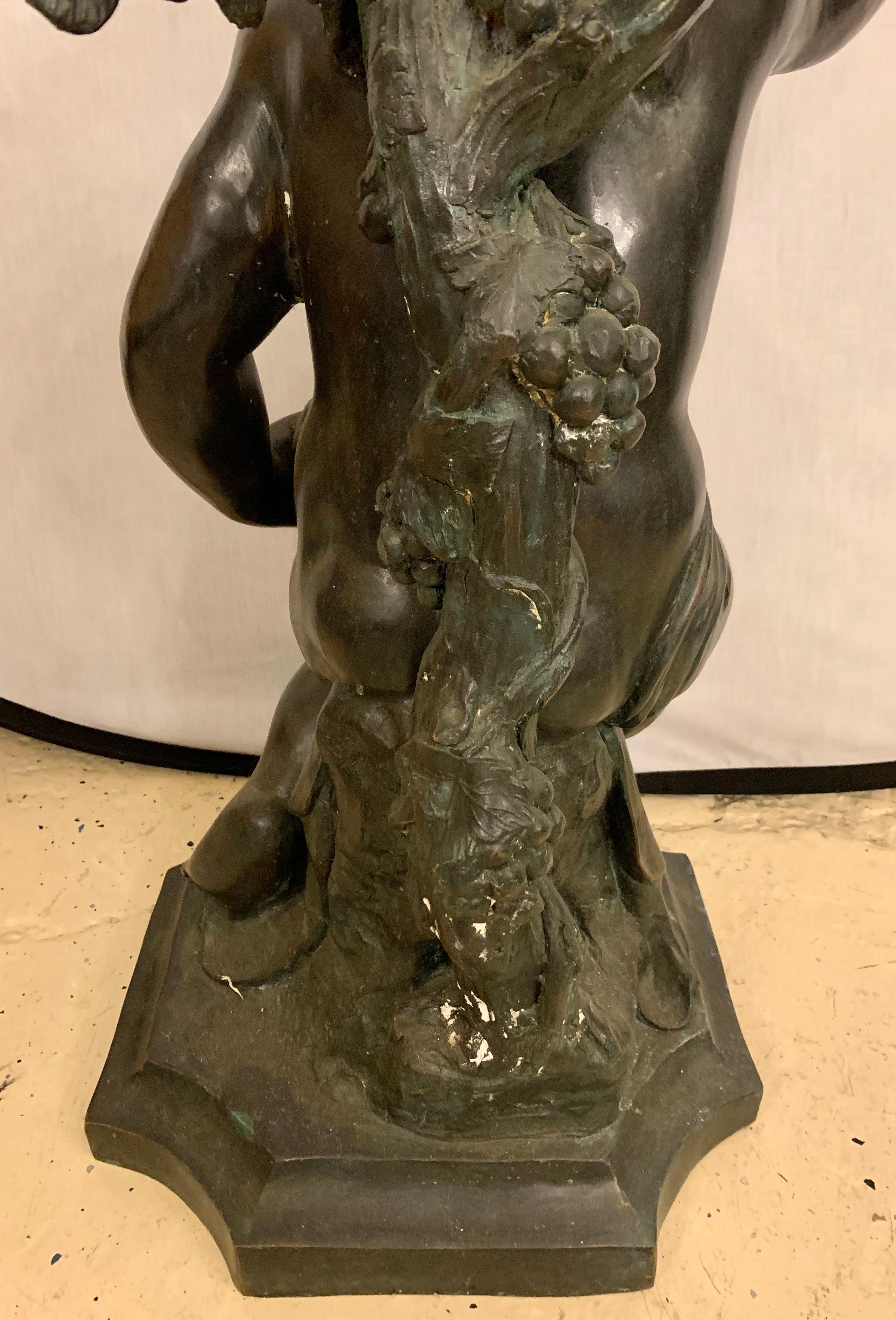 Life-Sized Bronze Cherub Kneeling Figure Holding Fruit Basket 8