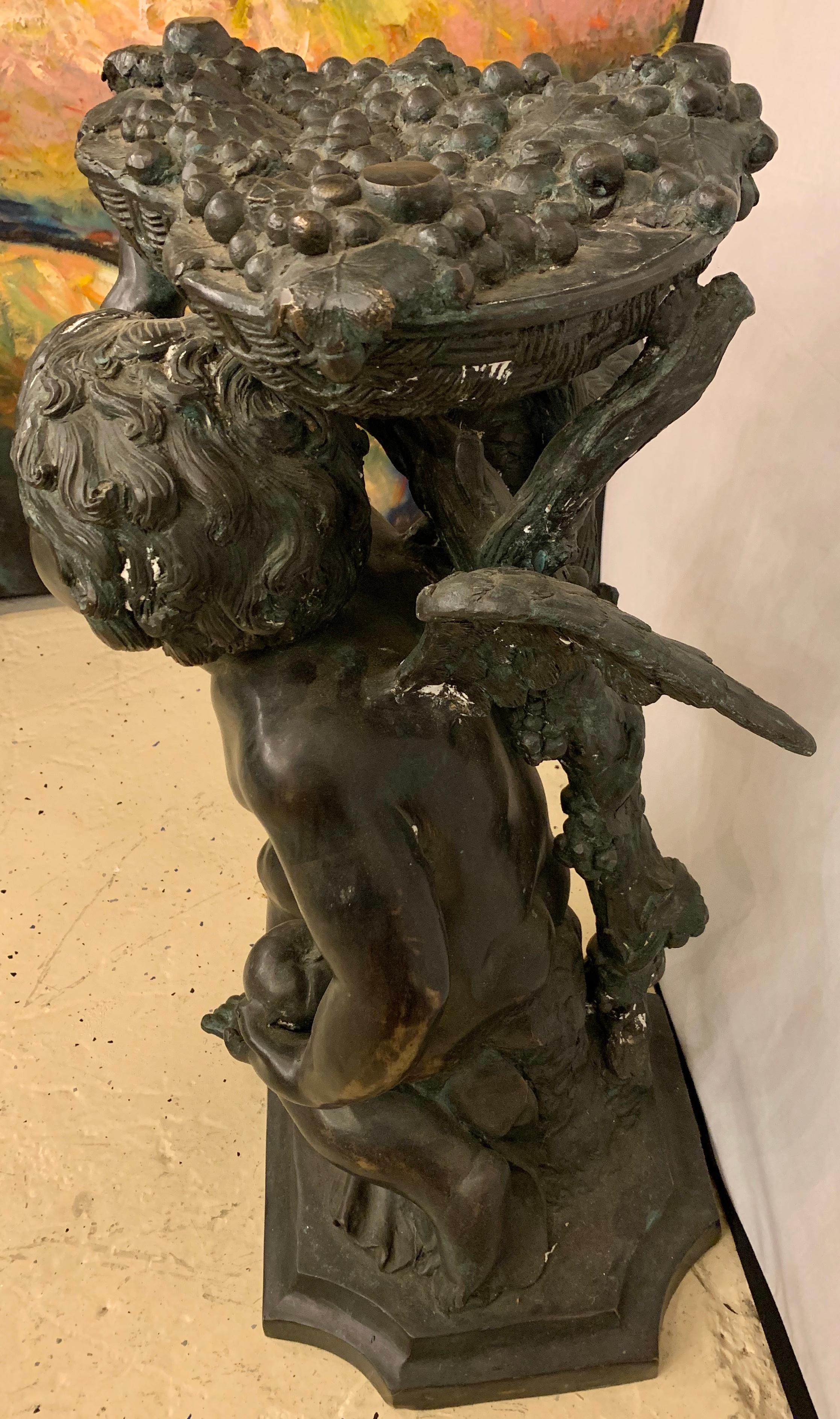 Life-Sized Bronze Cherub Kneeling Figure Holding Fruit Basket 2