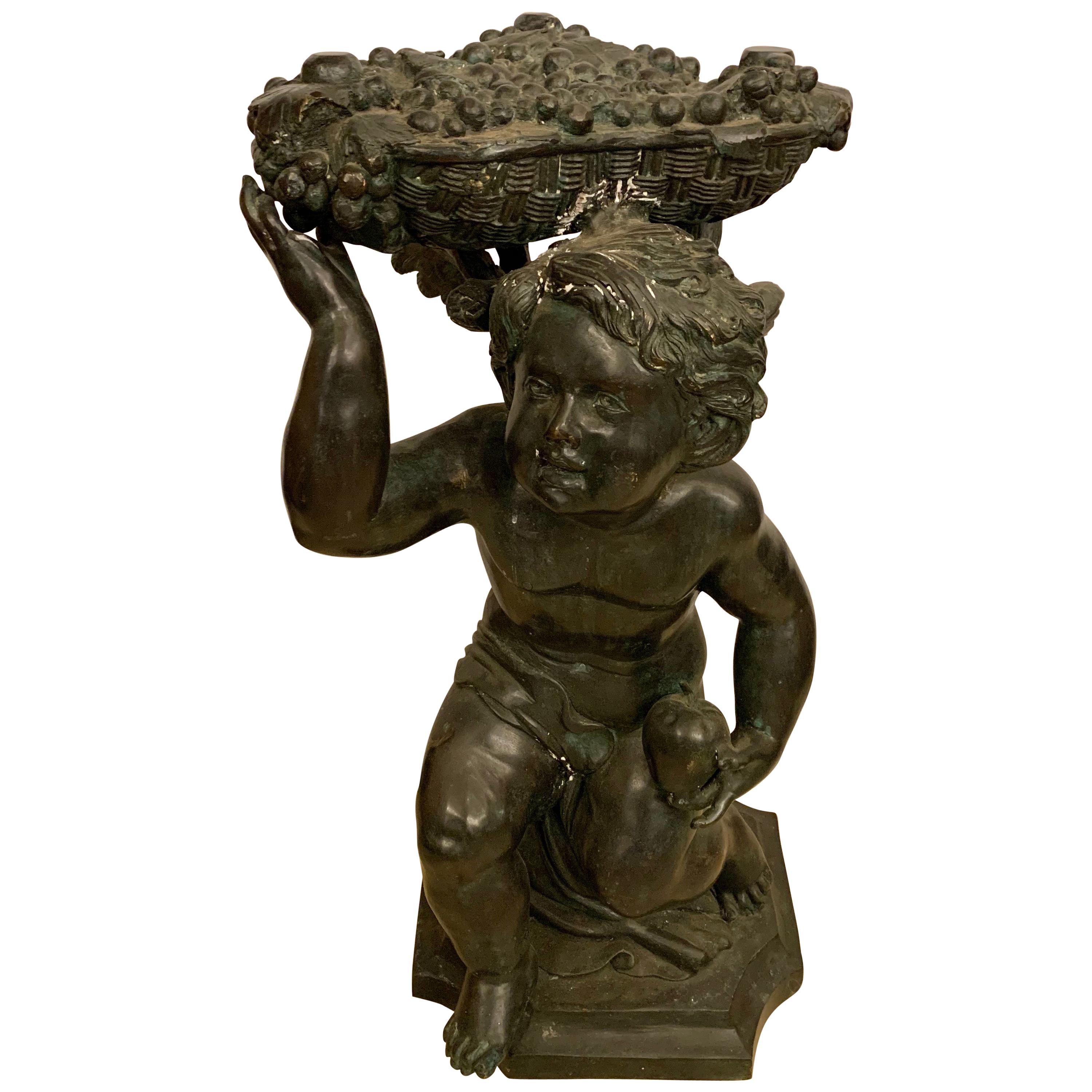Life-Sized Bronze Cherub Kneeling Figure Holding Fruit Basket