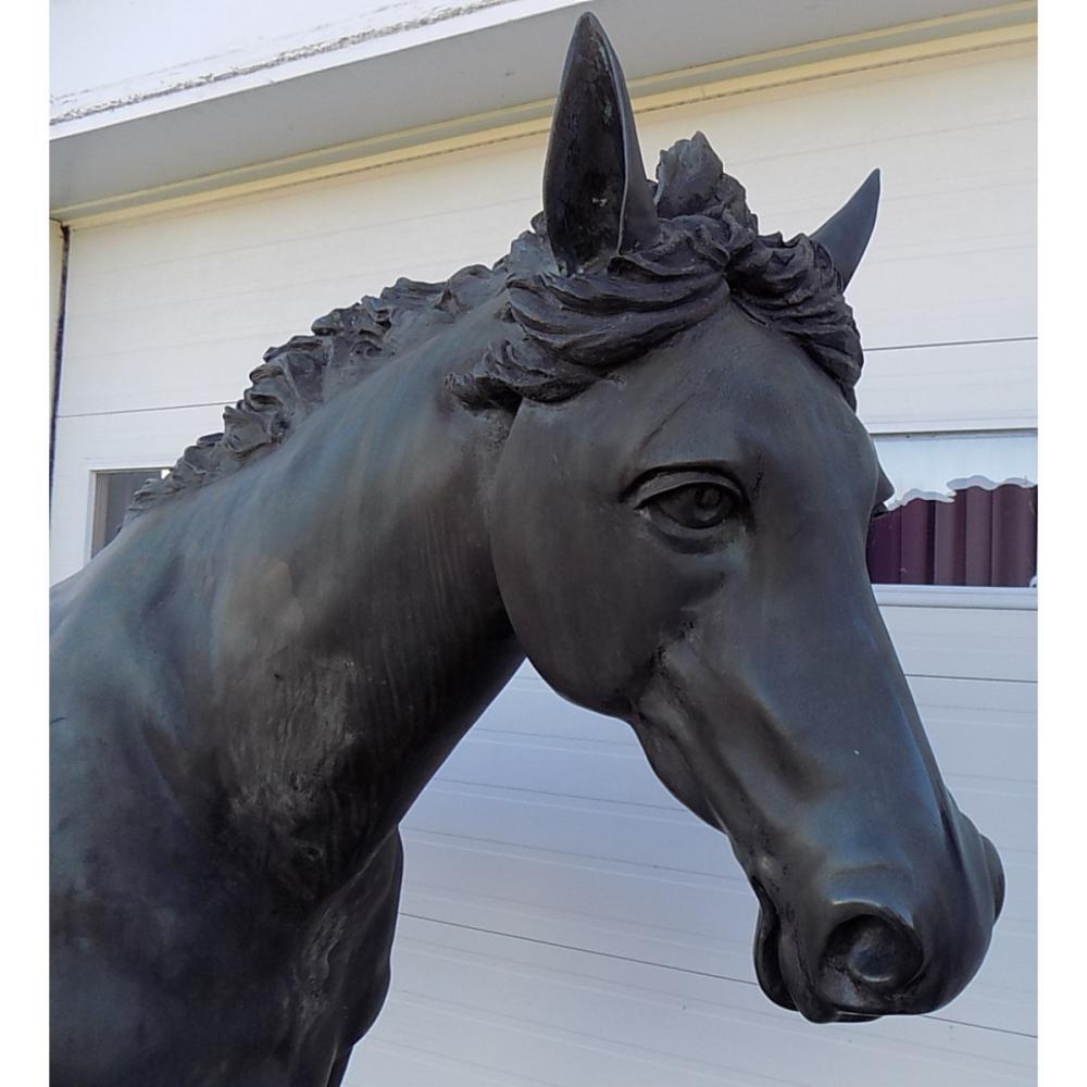 A life-sized bronze running secretariat statue. Statue is one piece casting. No foundry marks can be found. The piece is suitable to inside or out. It has been outside and has some weathering.