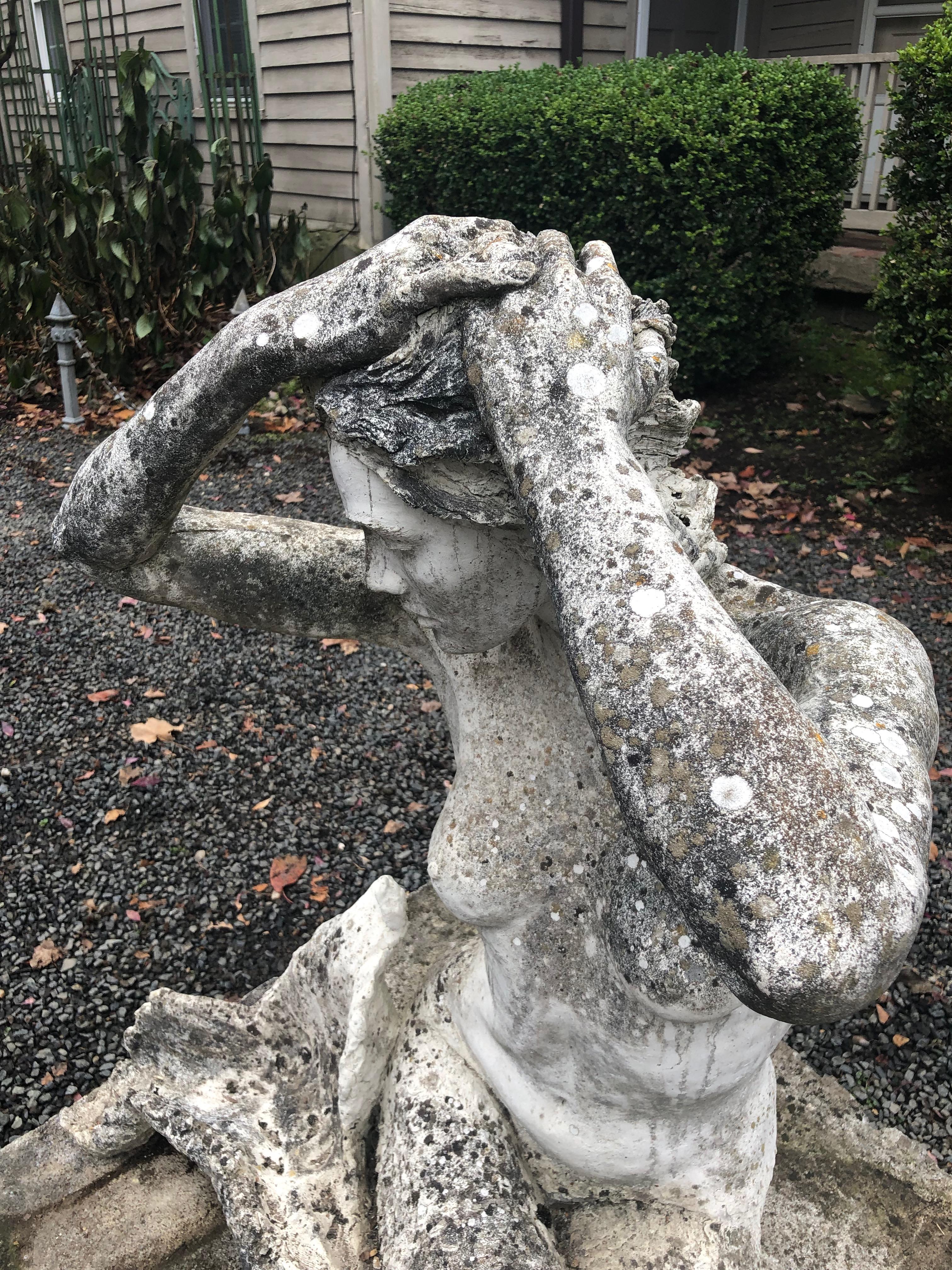Life-Sized English Cast Stone Statue of a Mermaid Atop a Carved Stone Base 5
