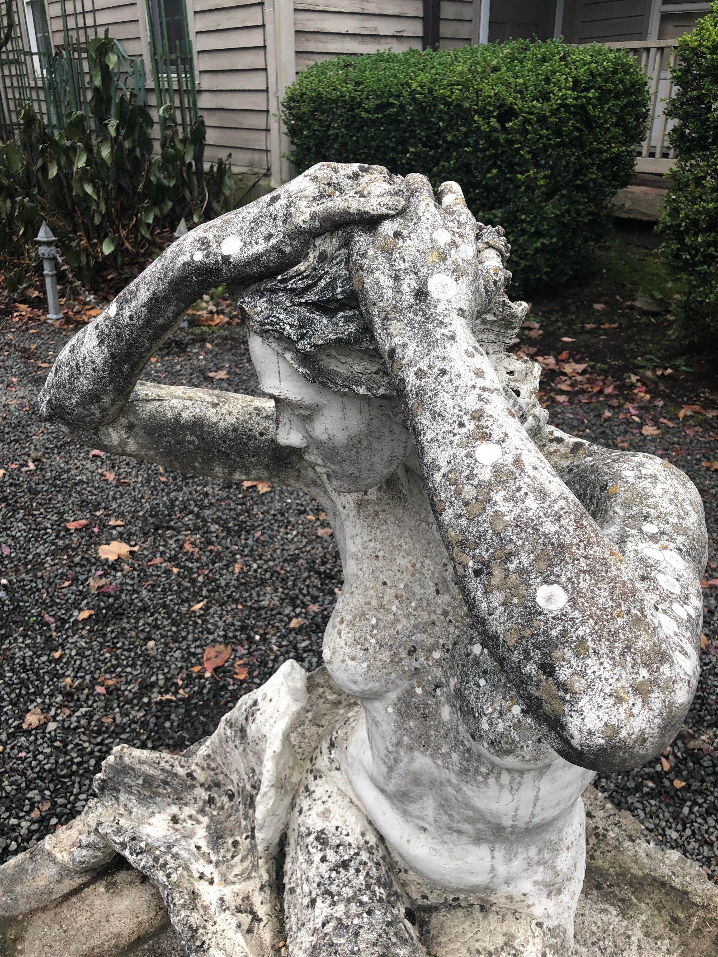 Life-Sized English Cast Stone Statue of a Mermaid Atop a Carved Stone Base 4