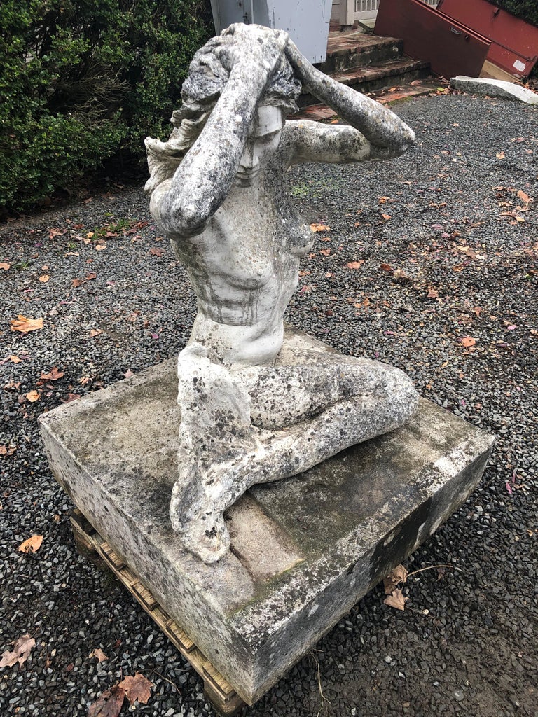 LifeSized English Cast Stone Statue of a Mermaid Atop a Carved Stone