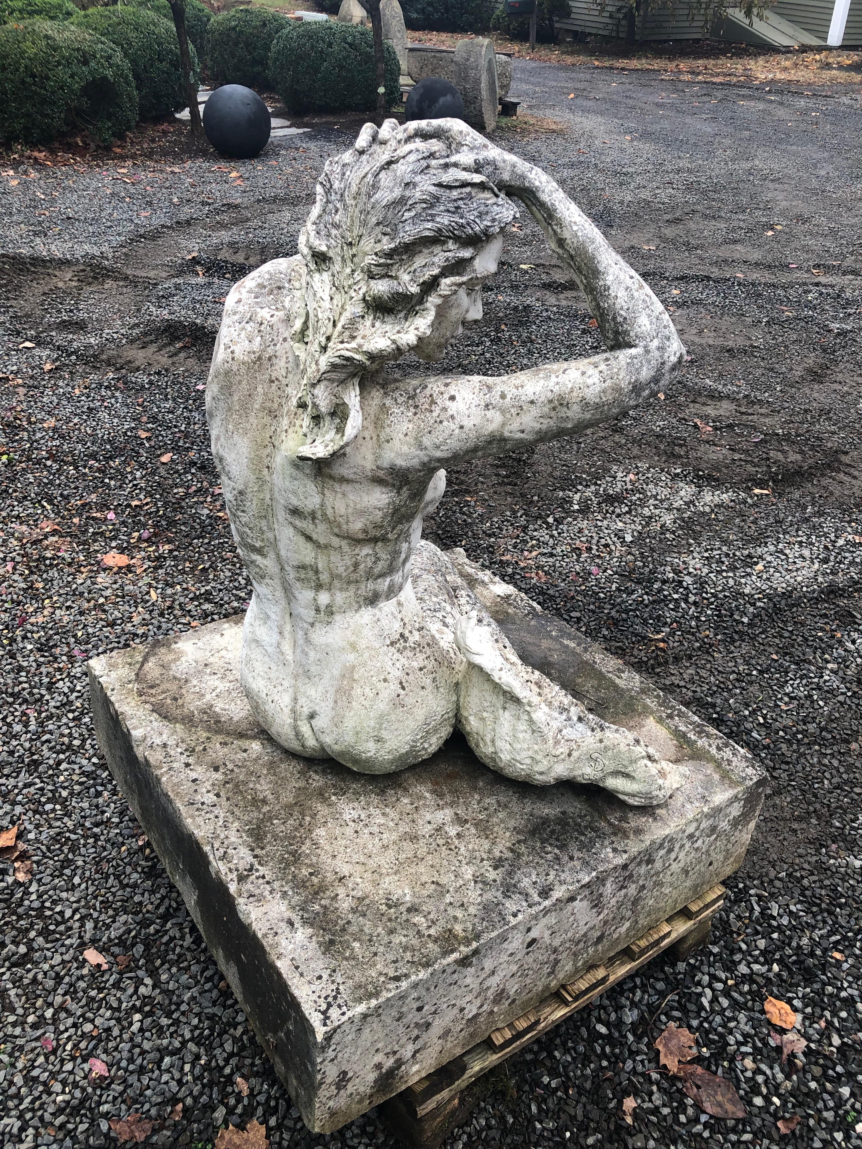 Hand-Carved Life-Sized English Cast Stone Statue of a Mermaid Atop a Carved Stone Base