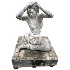 Life-Sized English Cast Stone Statue of a Mermaid Atop a Carved Stone Base