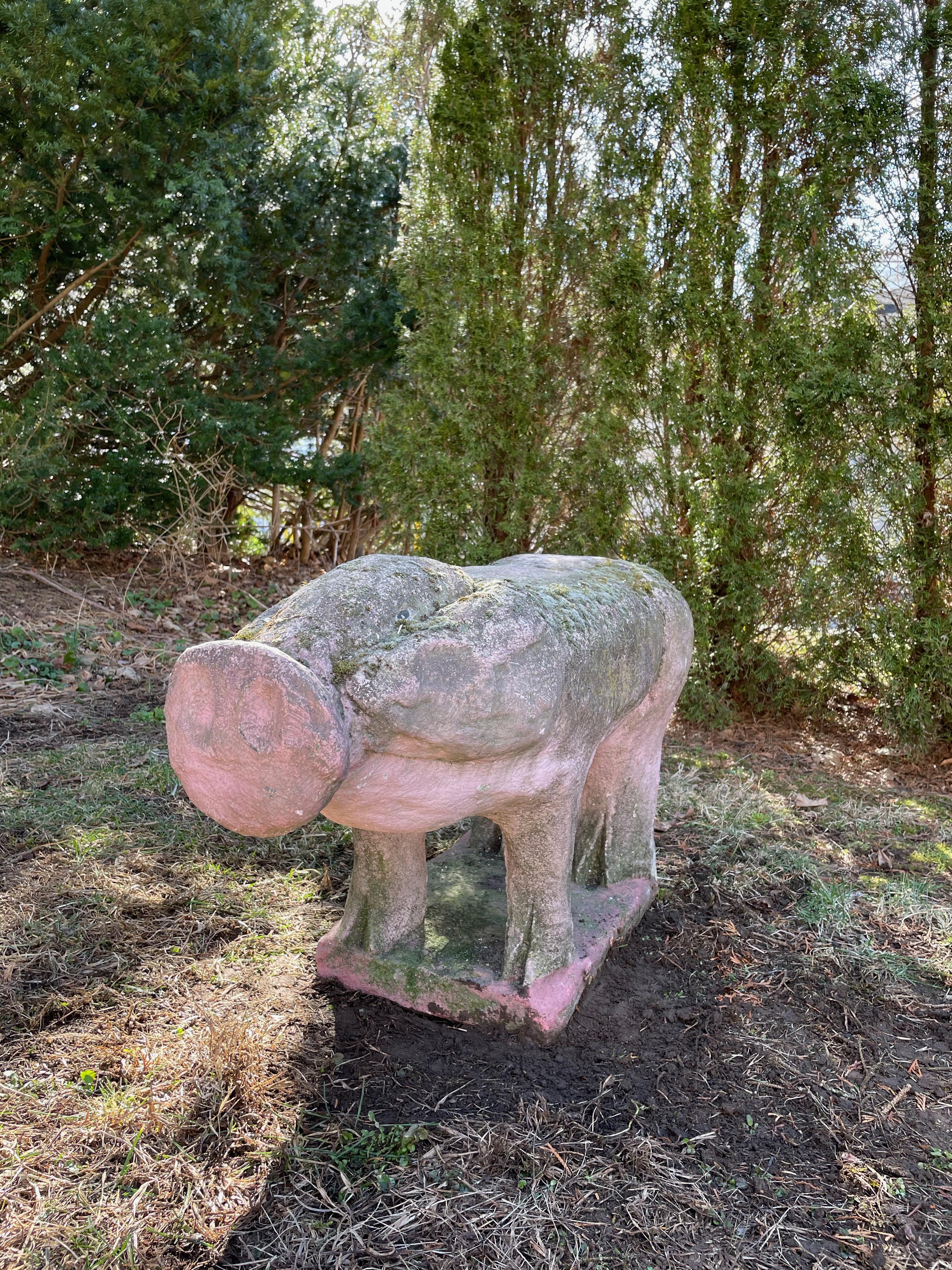 We absolutely adore this life-sized mama pig in its original pink paint with lots of lichen, moss and greening. Rare in form and size, she has cloven hooves, an oversized snout and a tightly-sprung tail. We also have her piglet, shown in the last