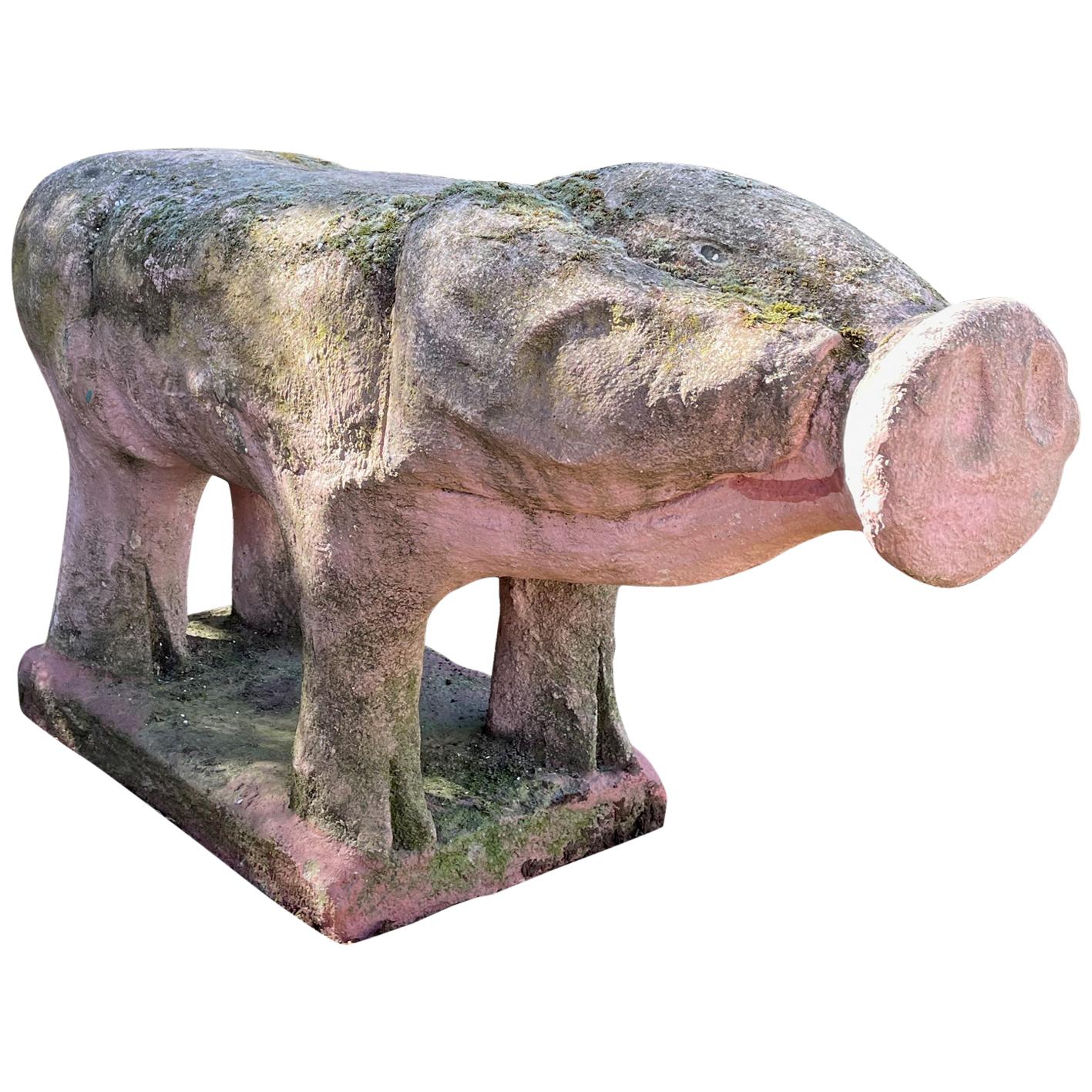 Life-Sized French Cast Stone Pig with Lichen and Moss
