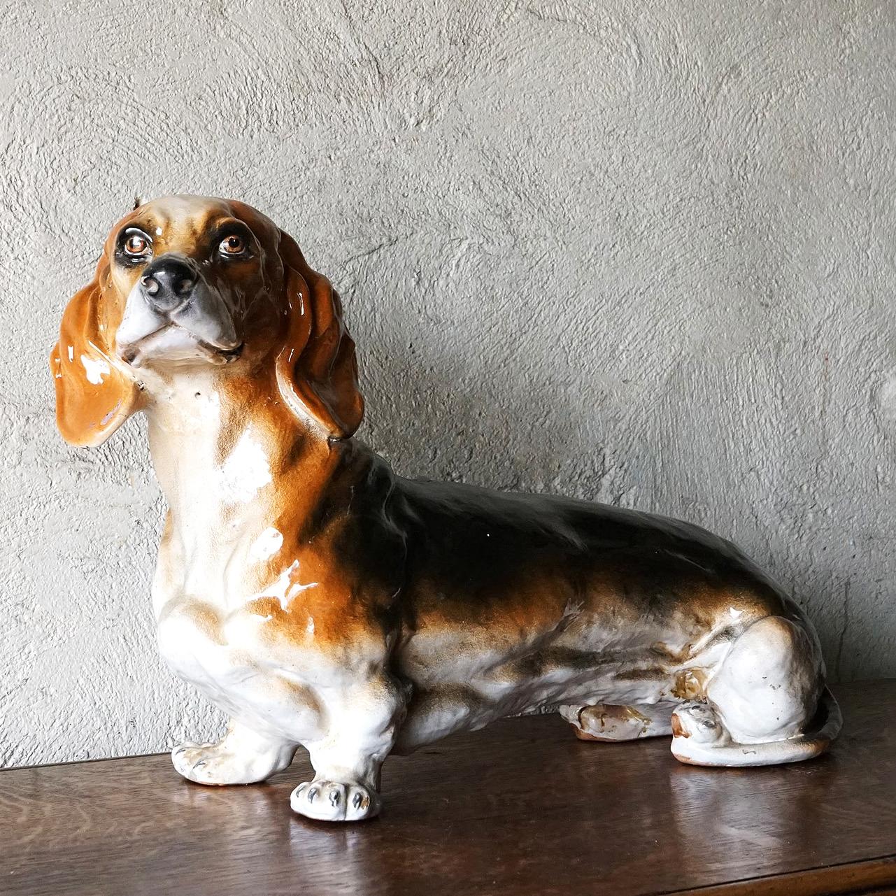 Mid-20th Century Life Sized Italian Ceramic Dachshund Sculpture, 1960s Mid Century Sausage Dog For Sale
