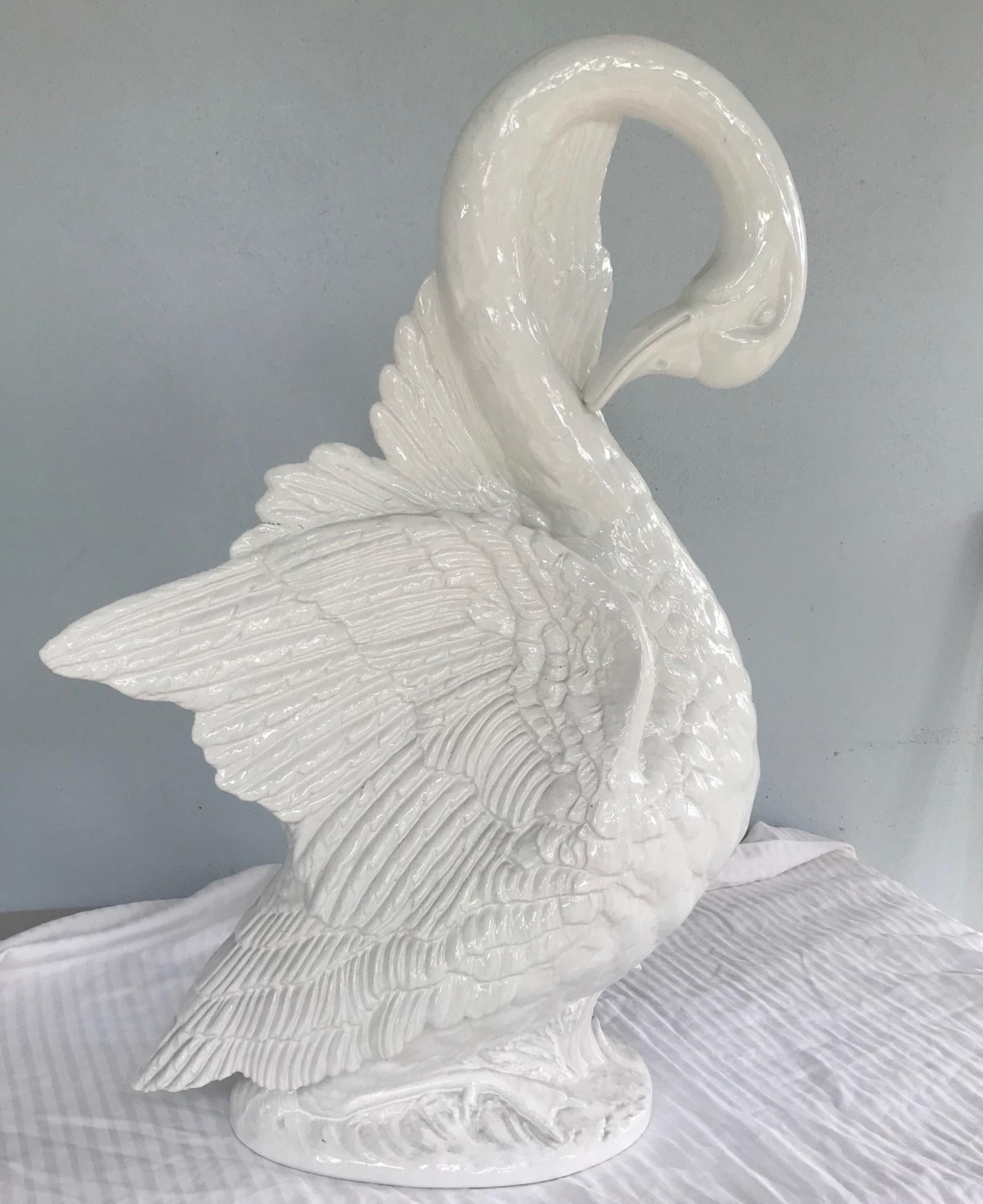 Fired Life-Sized Pair of Swans Hollywood Regency Italian Ceramic Sculptures