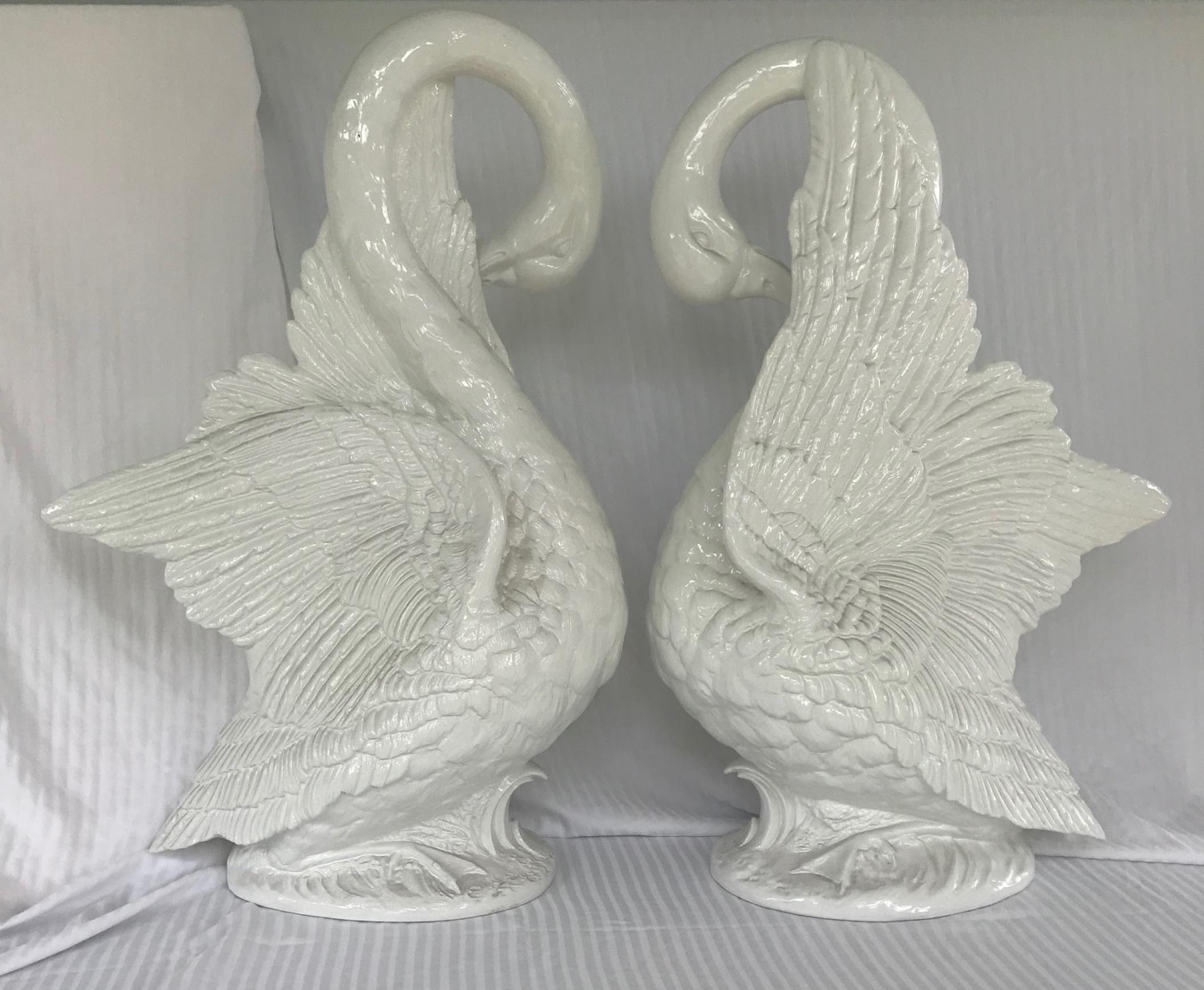 Life-Sized Pair of Swans Hollywood Regency Italian Ceramic Sculptures In Excellent Condition In Vero Beach, FL
