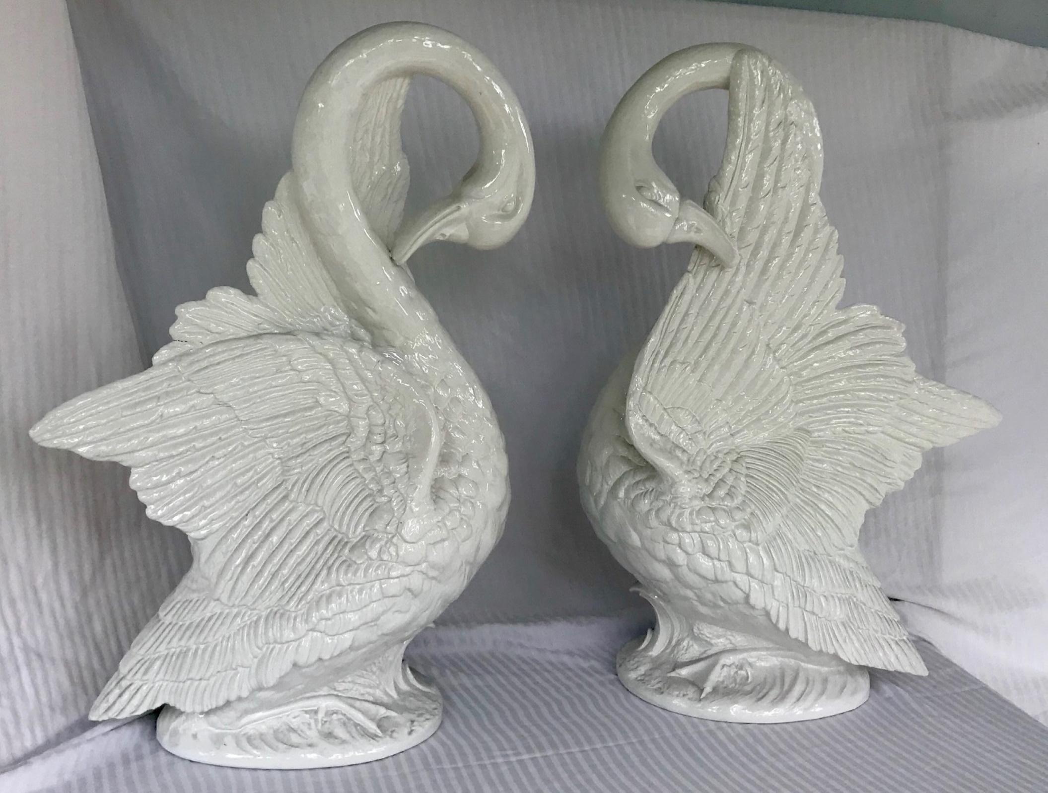 Life-Sized Pair of Swans Hollywood Regency Italian Ceramic Sculptures 3