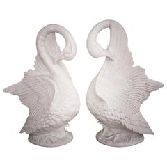 Life-Sized Pair of Swans Hollywood Regency Italian Ceramic Sculptures