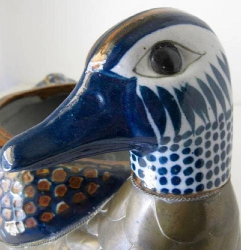 Mexican Life-Sized Palomar Pottery and Brass Mallard Duck Planter