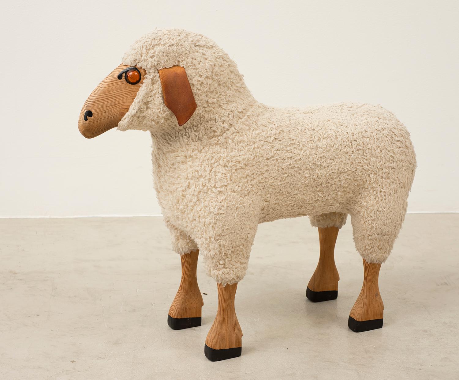 Life-sized sheep sculpture in sheepskin and beech. Germany, 1970s. Answers to the name 