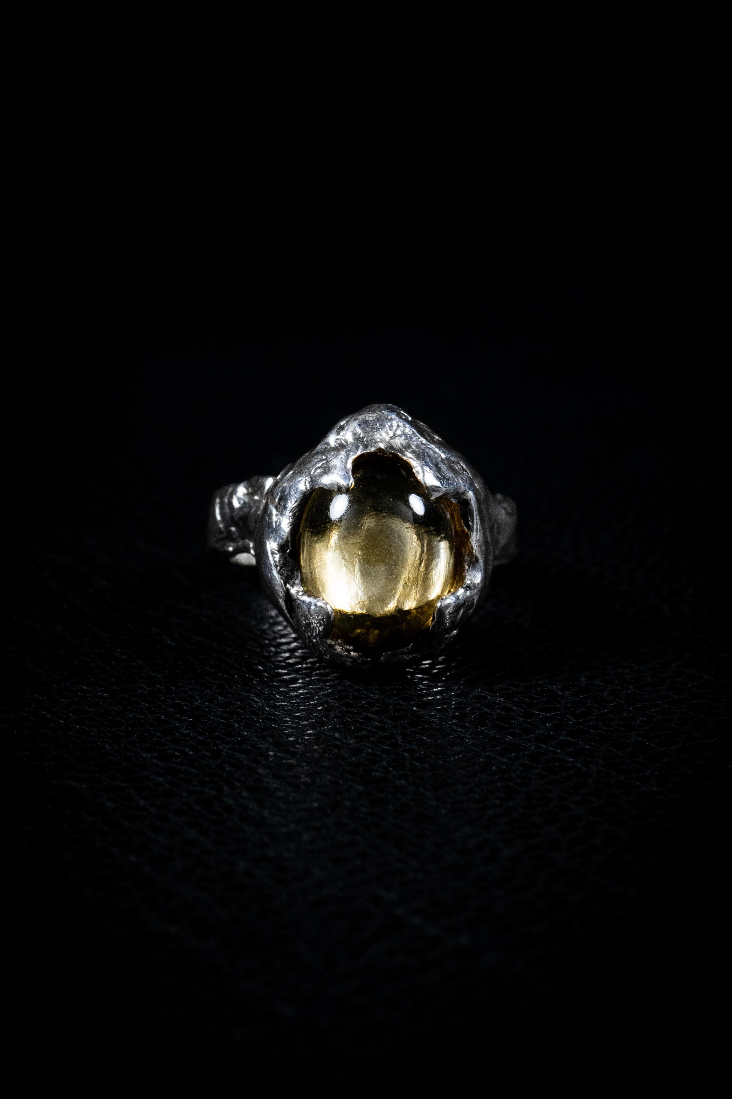 Lifecycle is a one-of-a-kind ring by Ken Fury that is hand-carved, cast in sterling silver, and features a natural citrine stone.

Ring Size: 7.5

Hand-signed