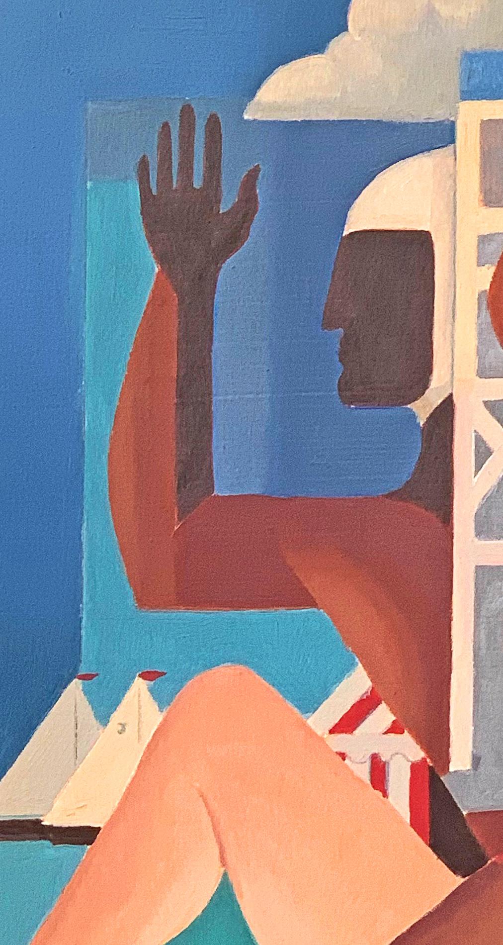 Reminiscent of the work of Gerald Murphy in its use of strong colors and flat, highly-stylized forms, this depiction of a lifeguard in profile, a female bather-cum-mermaid with a fashionable hat and starfish hands, and sailboats in the distance, is
