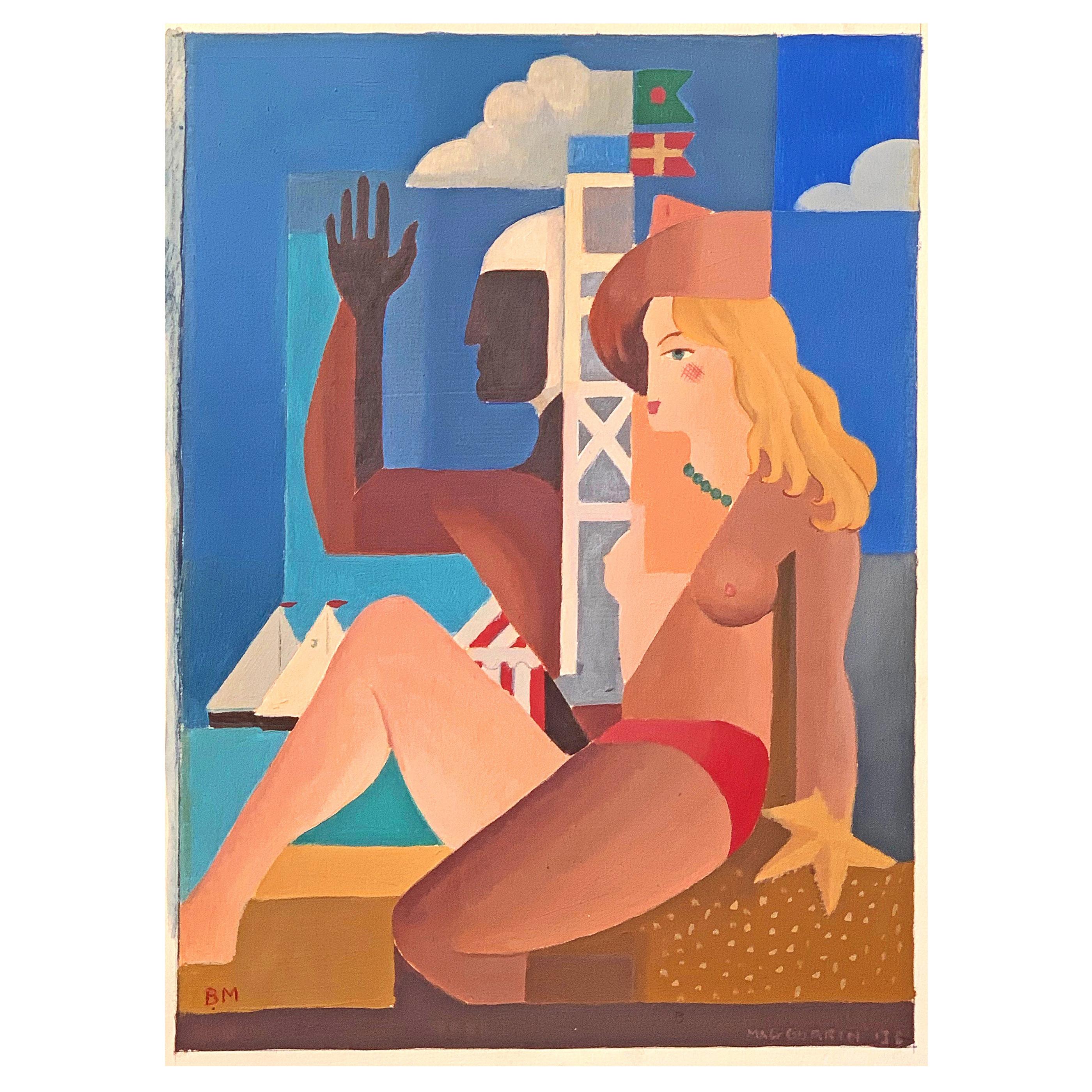 "Lifeguard and Bather, " Stylized Art Deco Beach Scene by MacGurrin, 1938 For Sale