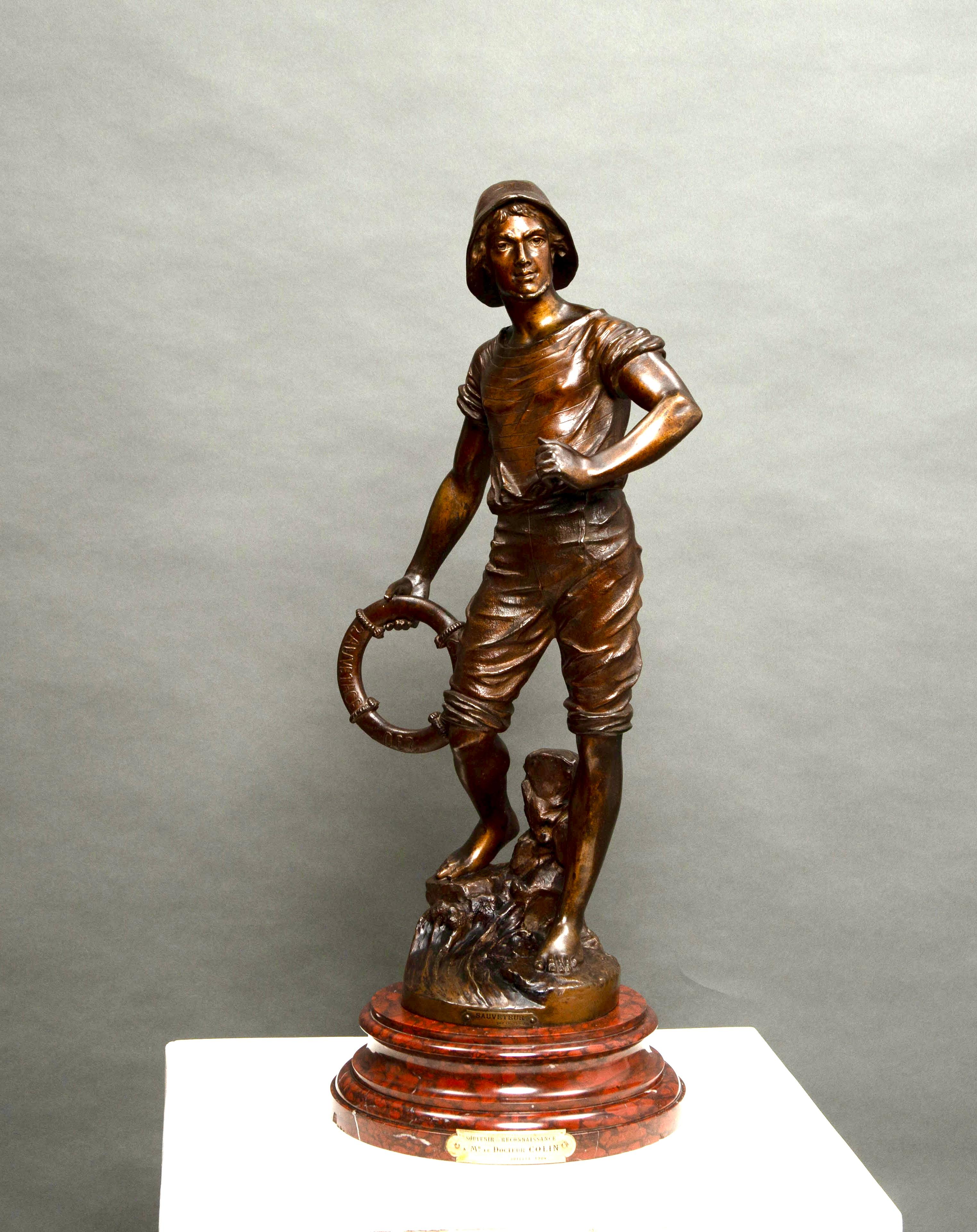 Early 20th Century Lifeguard Bronze Patina Statue on Stunning Marble Pedestal Signed by GUILLEMIN For Sale