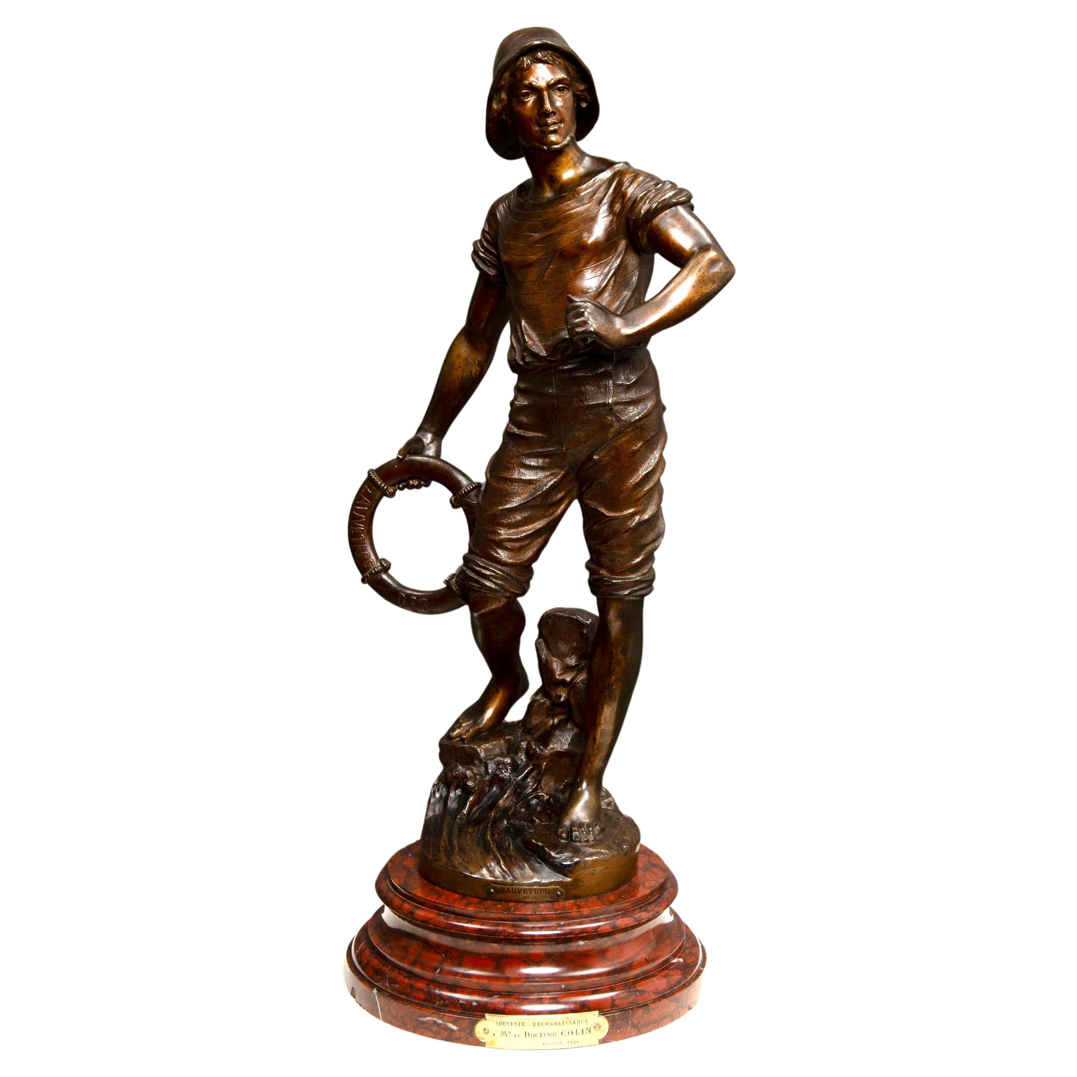 Lifeguard Bronze Patina Statue on Stunning Marble Pedestal Signed by GUILLEMIN For Sale