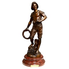 Antique Lifeguard Bronze Patina Statue on Stunning Marble Pedestal Signed by GUILLEMIN