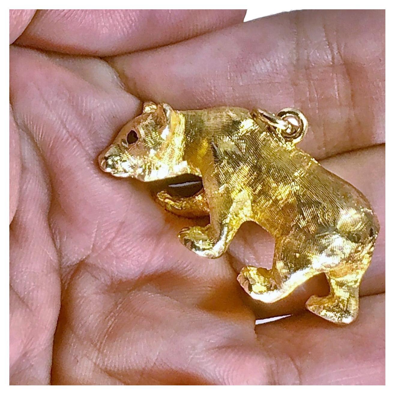 Rose Cut Lifelike 14K Yellow Gold Bear Pendant with 24K Gold Wash and Garnet Eyes For Sale
