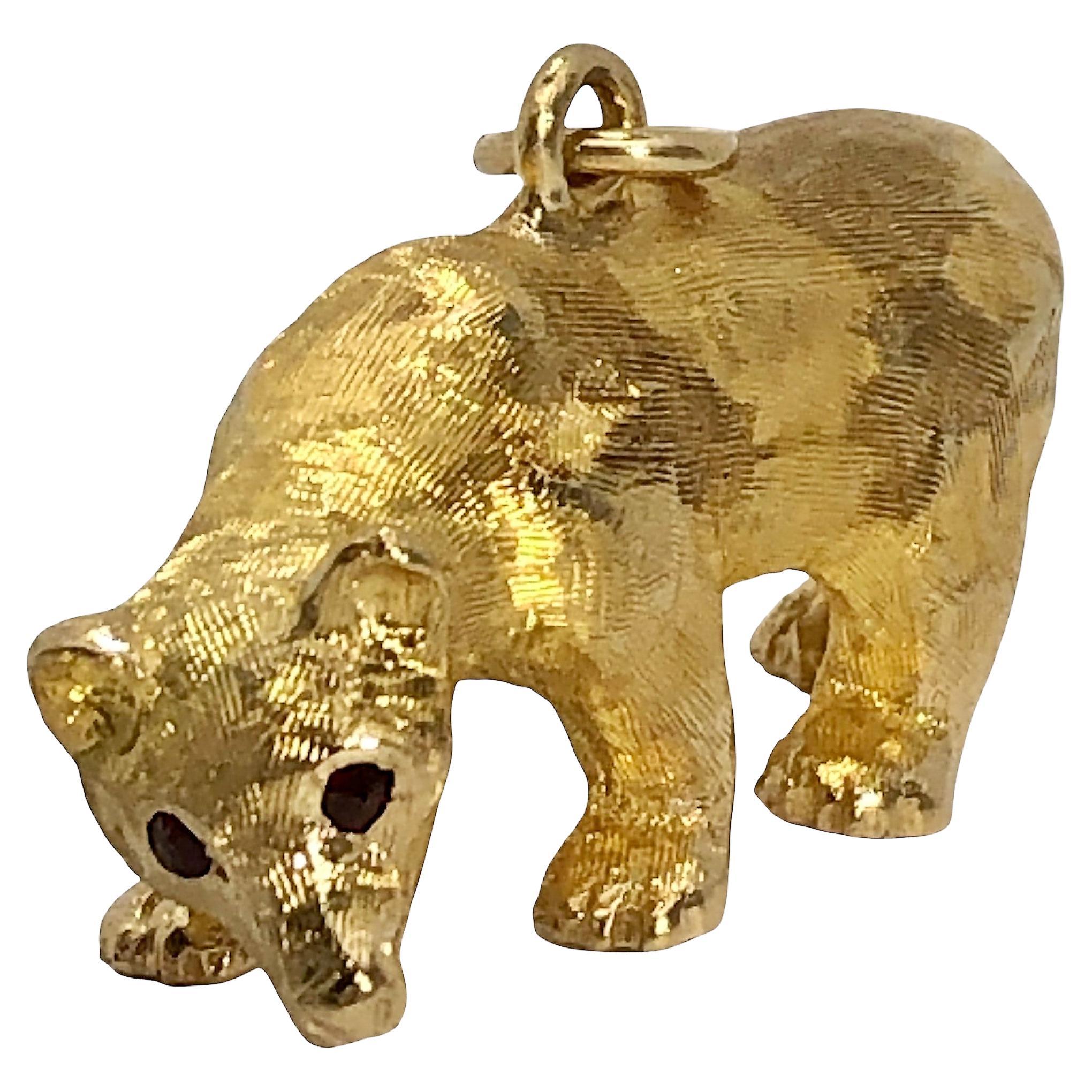 Lifelike 14K Yellow Gold Bear Pendant with 24K Gold Wash and Garnet Eyes For Sale