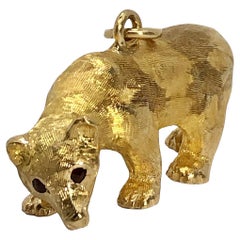 Vintage Lifelike 14K Yellow Gold Bear Pendant with 24K Gold Wash and Garnet Eyes