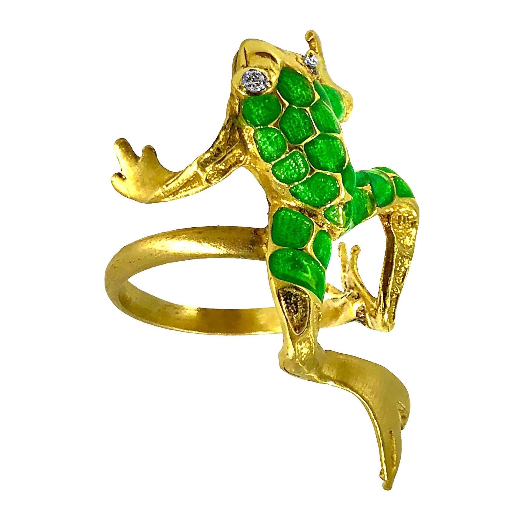 This animated and whimsical frog ring is sure to bring a smile to any observer. Crafted from 18K yellow gold, the deftly fashioned areas are covered in vibrant green enamel. The eyes are set with sparkling diamonds, having a total approximate weight