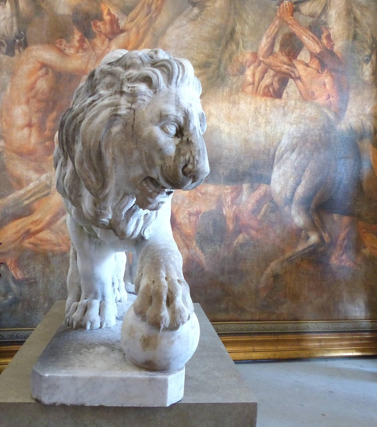Lifesize 19th Century Pair of Italian Classical Marble Lion Statue