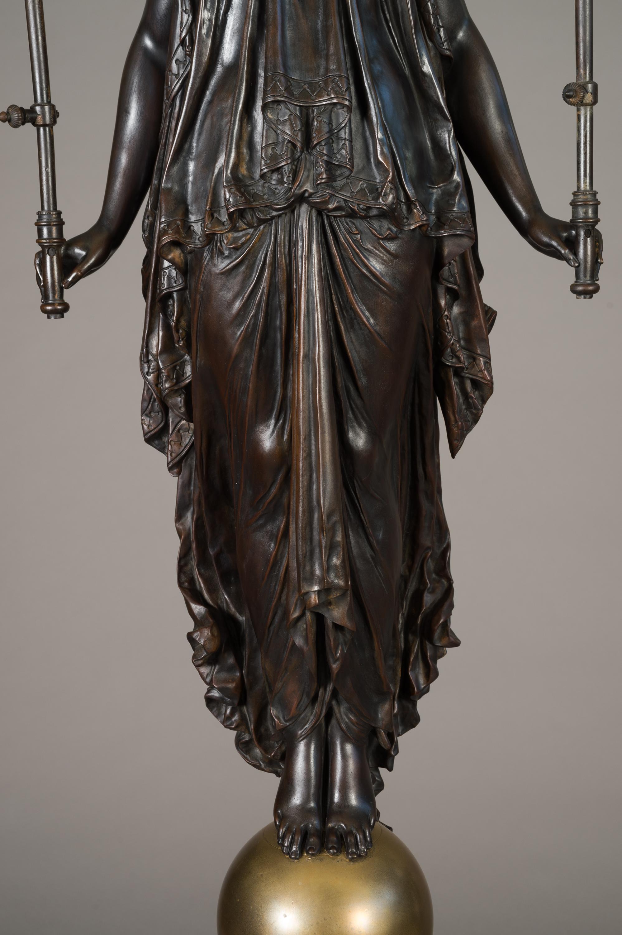 Lifesize 19th Century French Patinated Bronze Figural Torchere Lamp In Excellent Condition In Los Angeles, CA