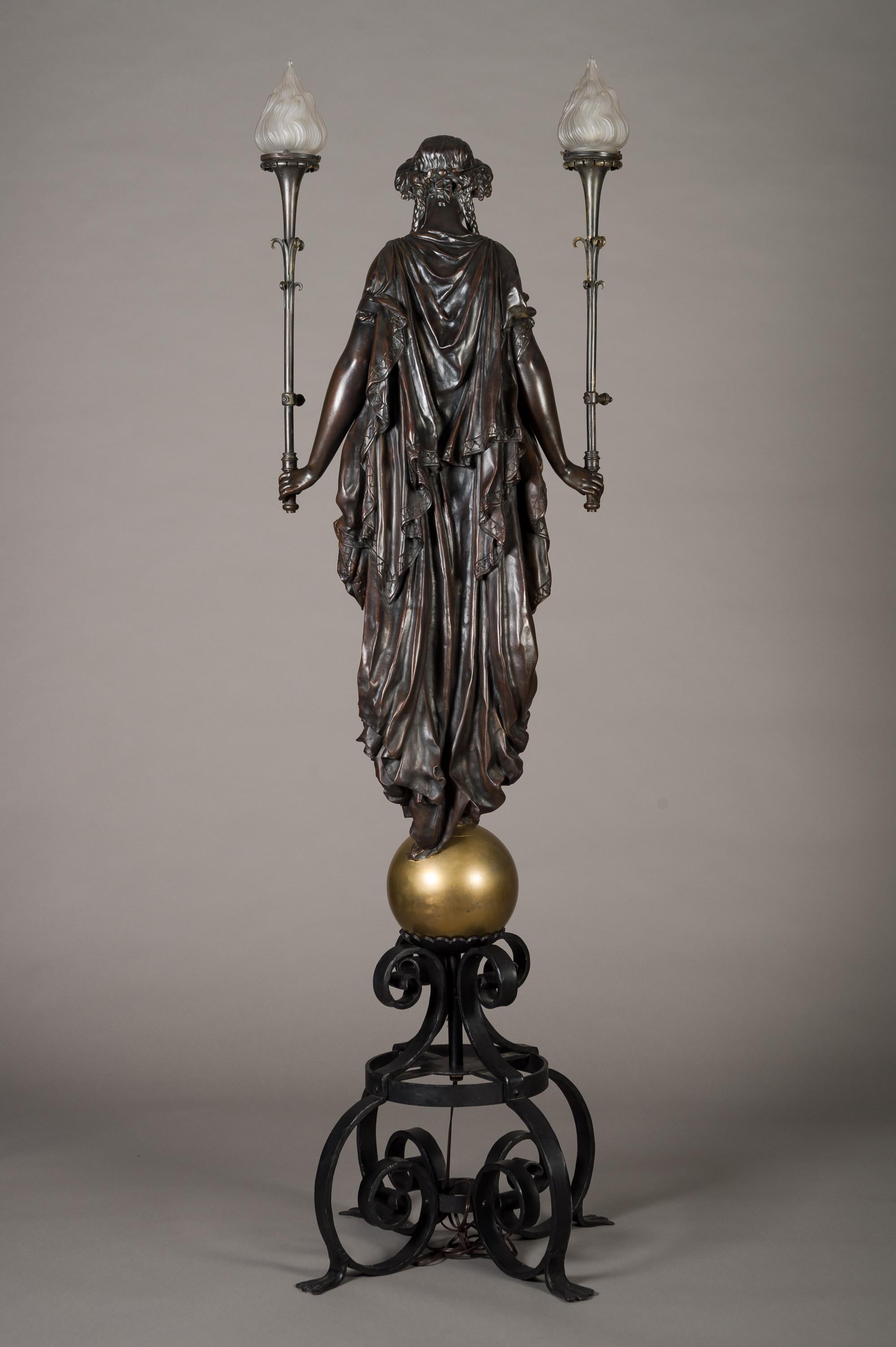 Lifesize 19th Century French Patinated Bronze Figural Torchere Lamp 2