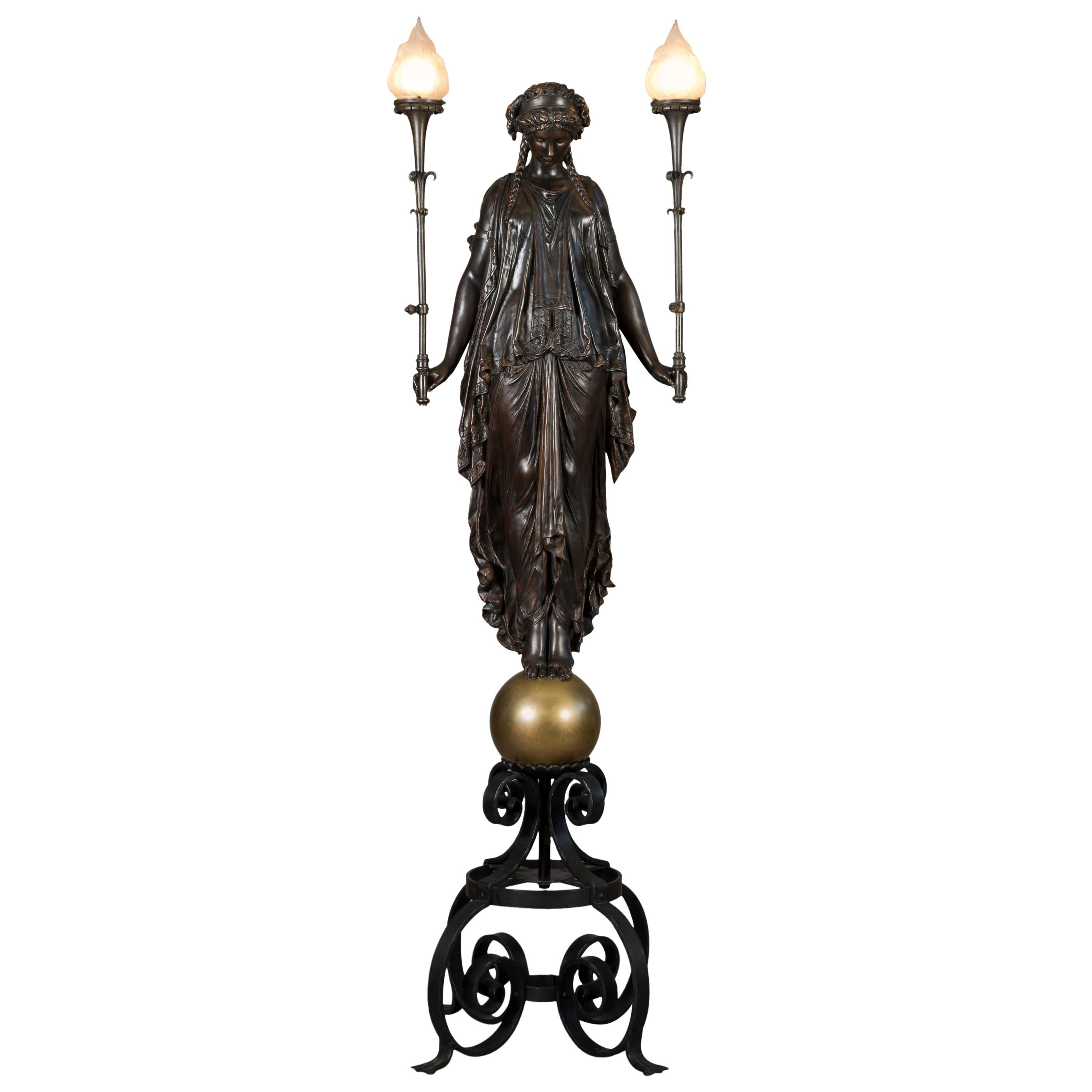 Lifesize 19th Century French Patinated Bronze Figural Torchere Lamp