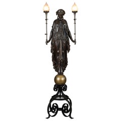 Antique Lifesize 19th Century French Patinated Bronze Figural Torchere Lamp