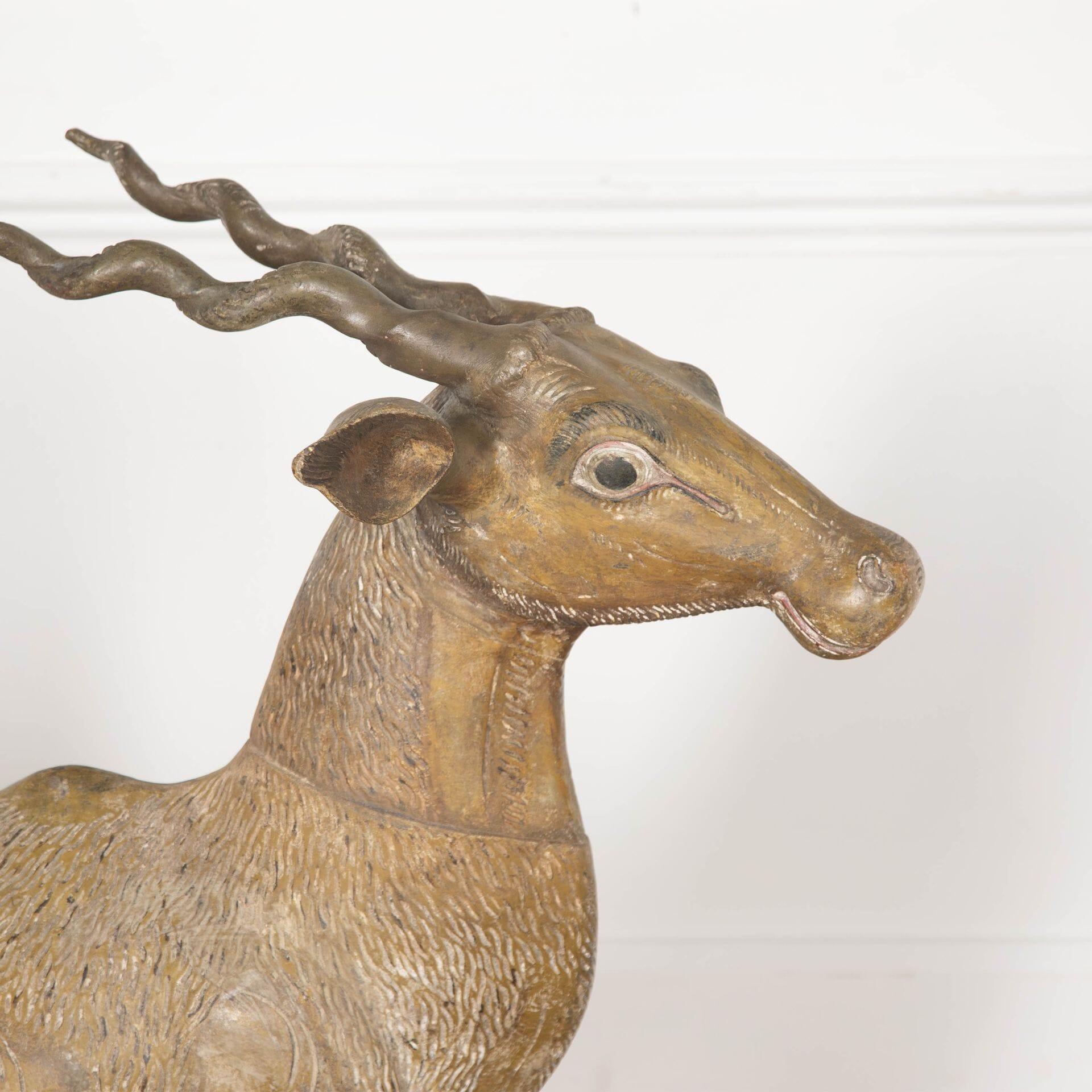 Late 19th Century Lifesize 19th Century Quirky Carved Wood Antelope For Sale