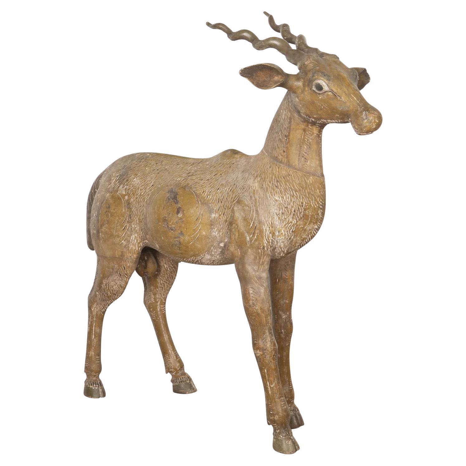 Lifesize 19th Century Quirky Carved Wood Antelope For Sale
